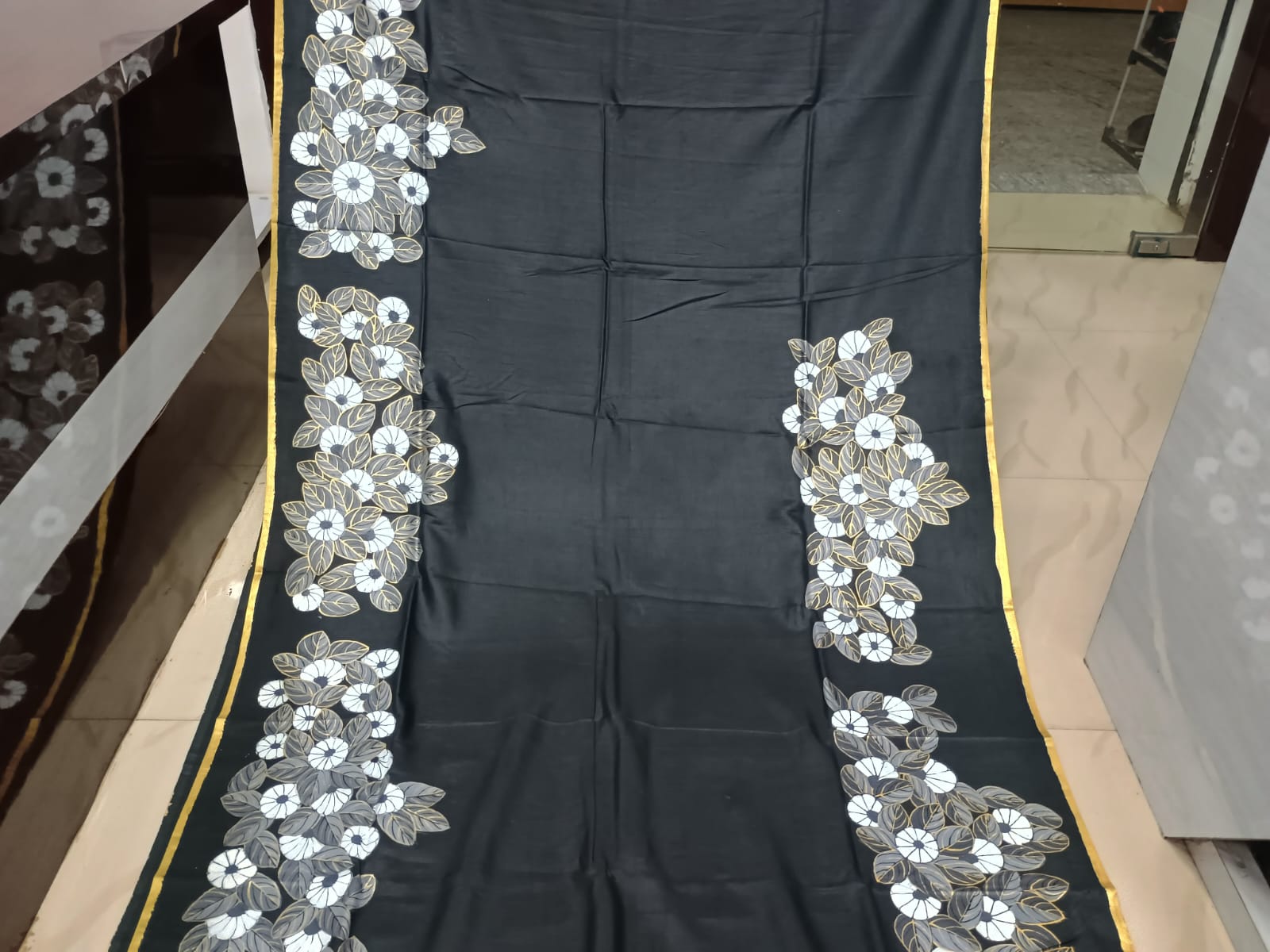 Black Lady With Umbrella Morden Art Theme Pattachitra Khadi Silk Saree