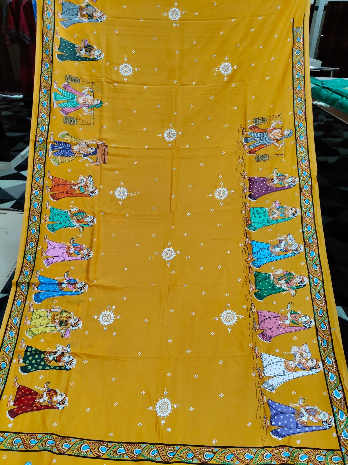 Yellow Boita Bandan Theme Pattachitra Khadi Silk Saree