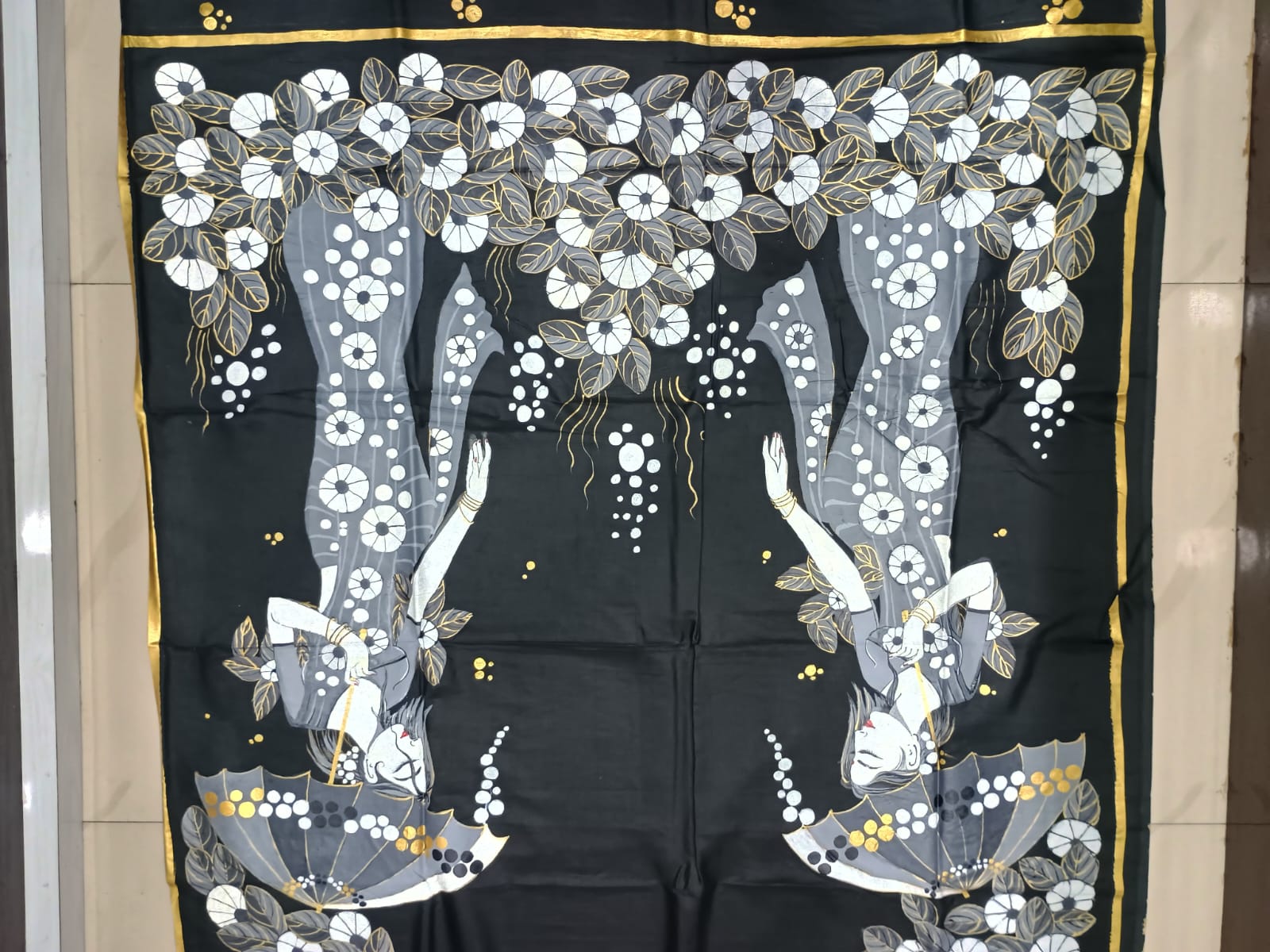 Black Lady With Umbrella Morden Art Theme Pattachitra Khadi Silk Saree