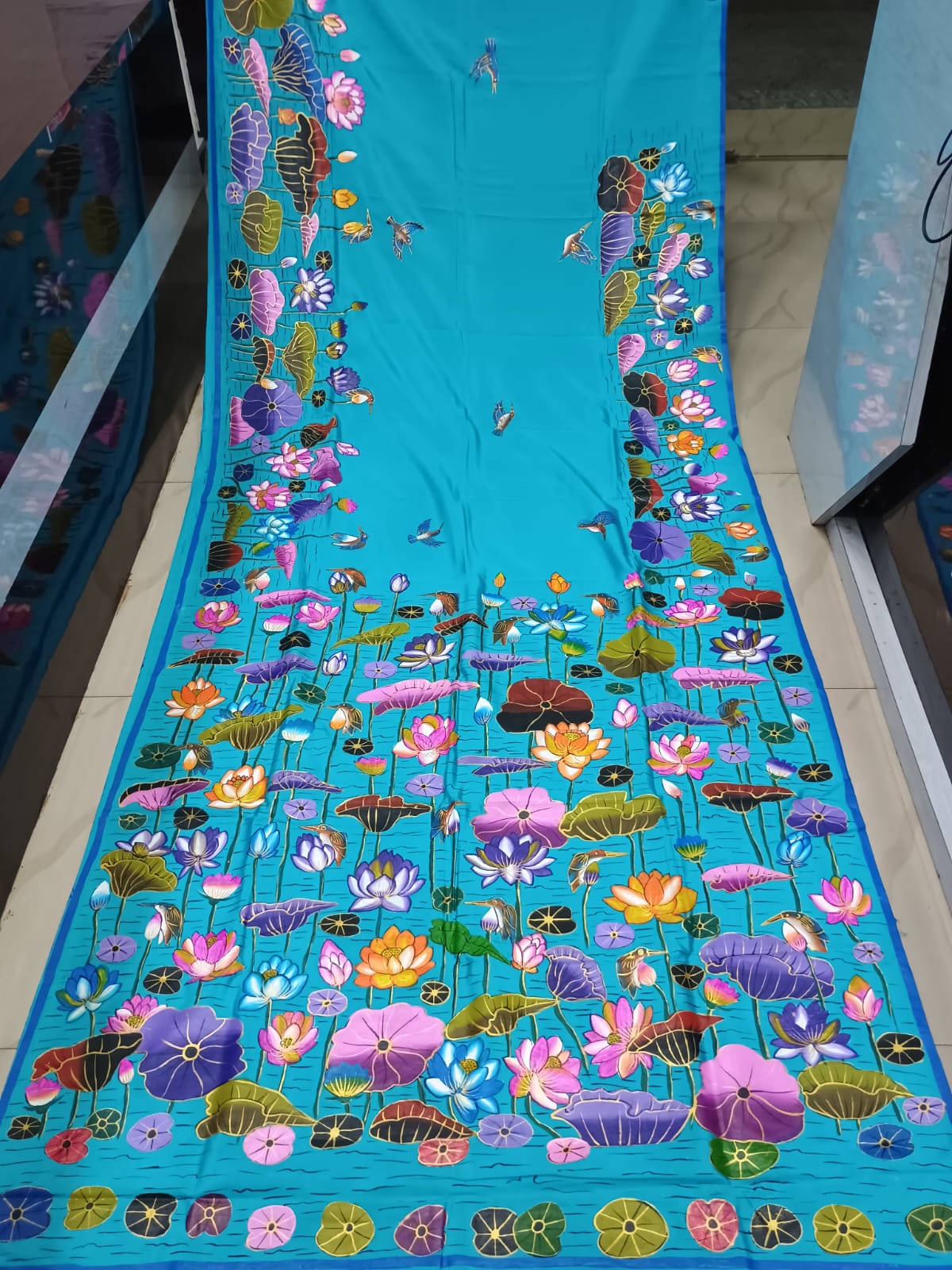 Sky Water Lily Morden Art Theme Pattachitra Khadi Silk Saree