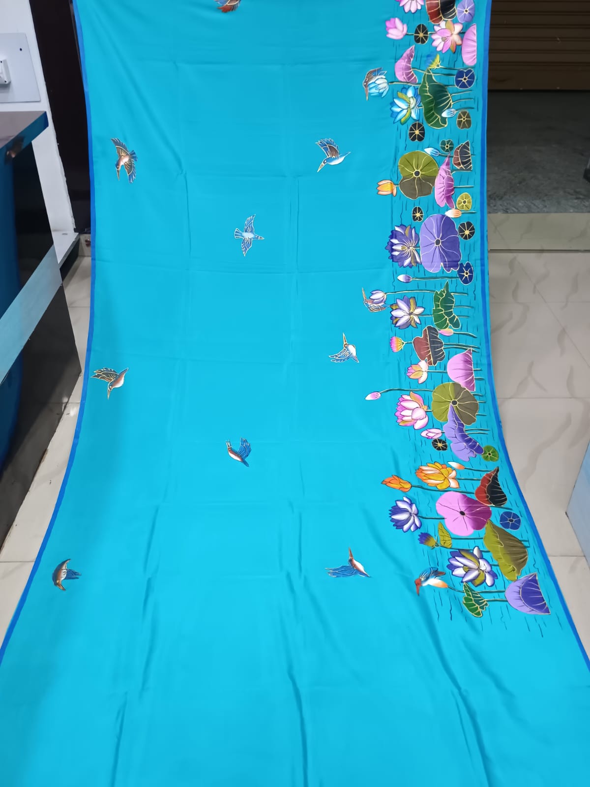 Sky Water Lily Morden Art Theme Pattachitra Khadi Silk Saree