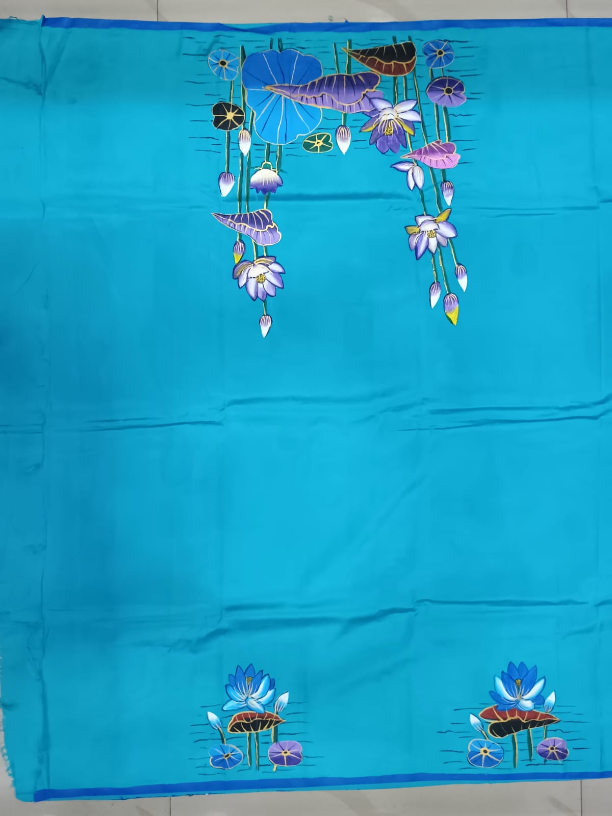 Sky Water Lily Morden Art Theme Pattachitra Khadi Silk Saree