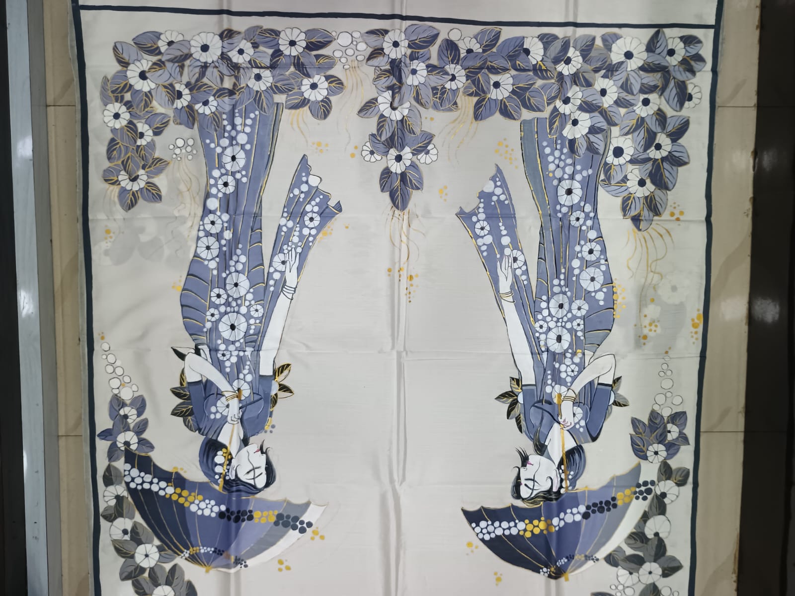 White Lady With Umbrella Morden Art Theme Pattachitra Khadi Silk Saree