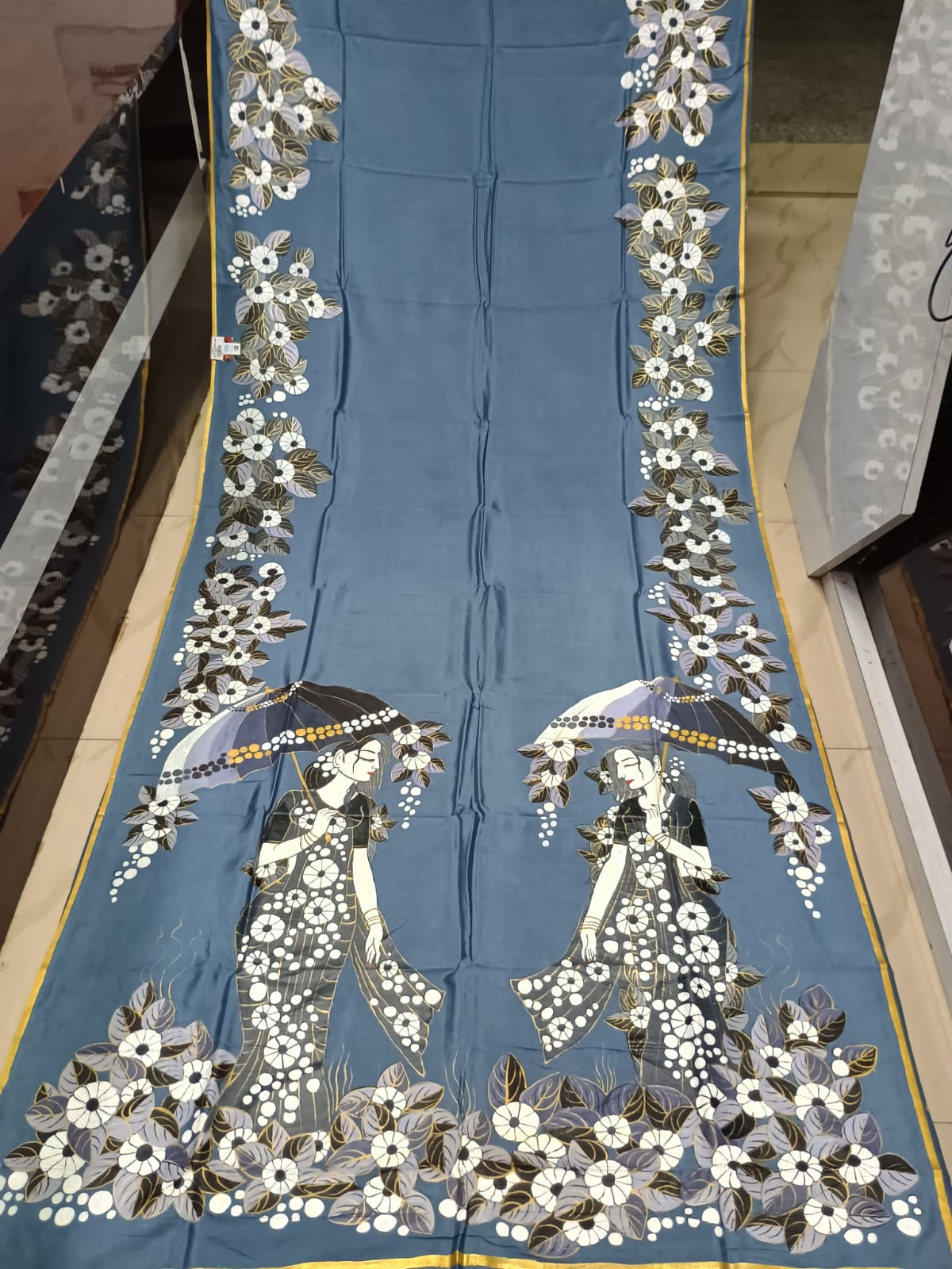 Grey Lady With Umbrella Morden Art Theme Pattachitra Khadi Silk Saree