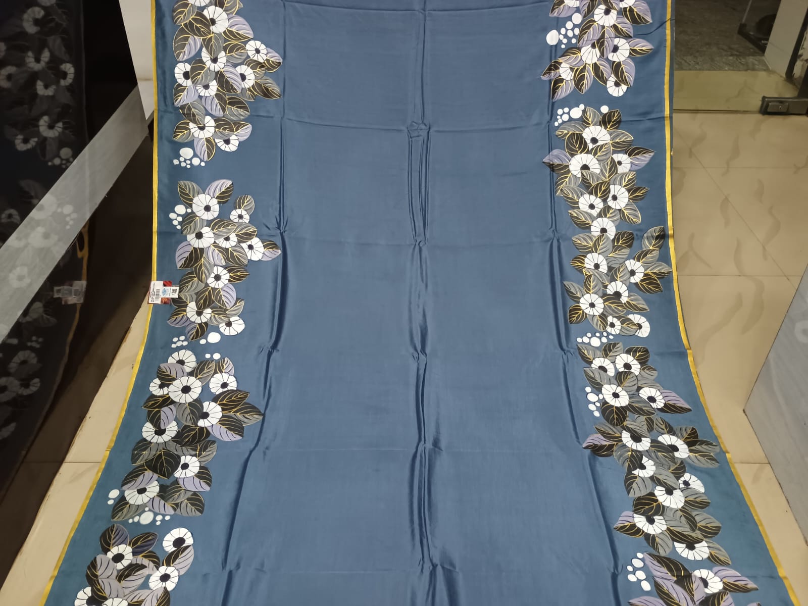 Grey Lady With Umbrella Morden Art Theme Pattachitra Khadi Silk Saree