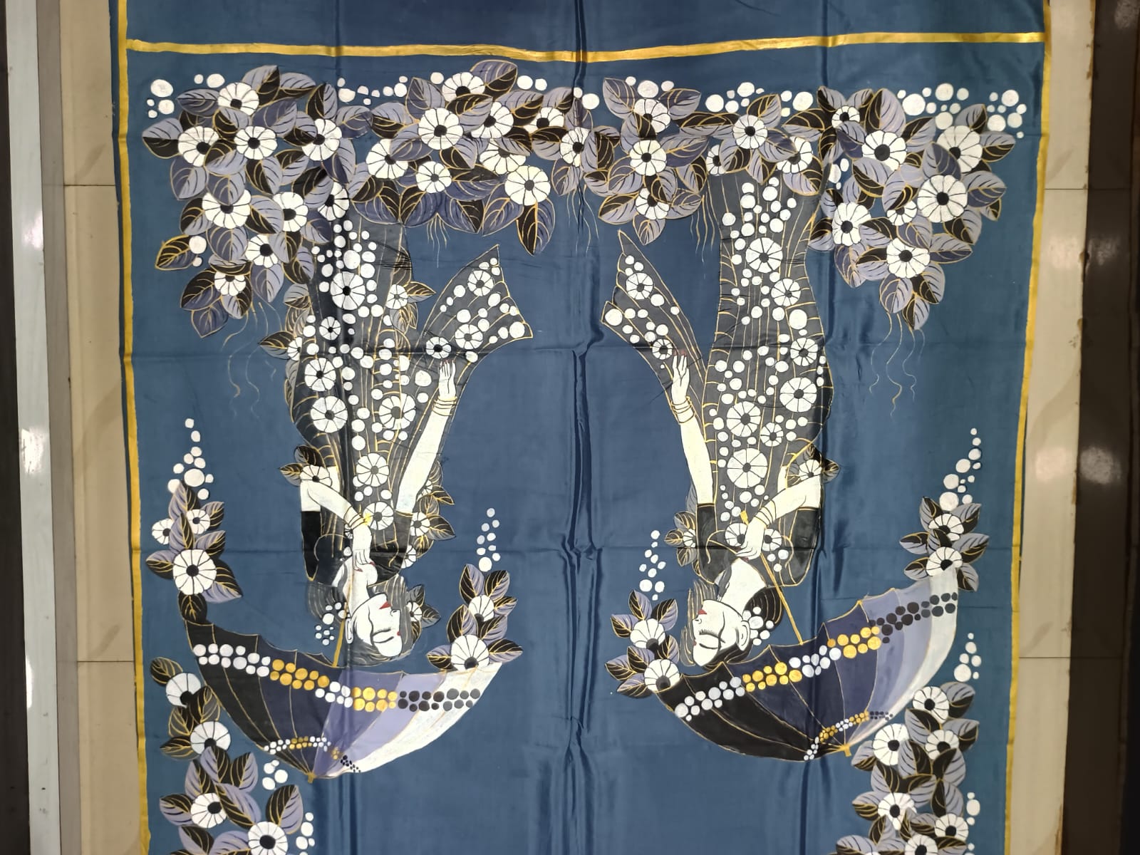 Grey Lady With Umbrella Morden Art Theme Pattachitra Khadi Silk Saree