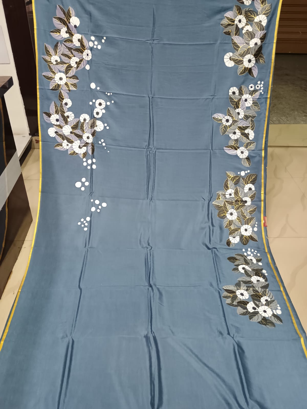 Grey Lady With Umbrella Morden Art Theme Pattachitra Khadi Silk Saree