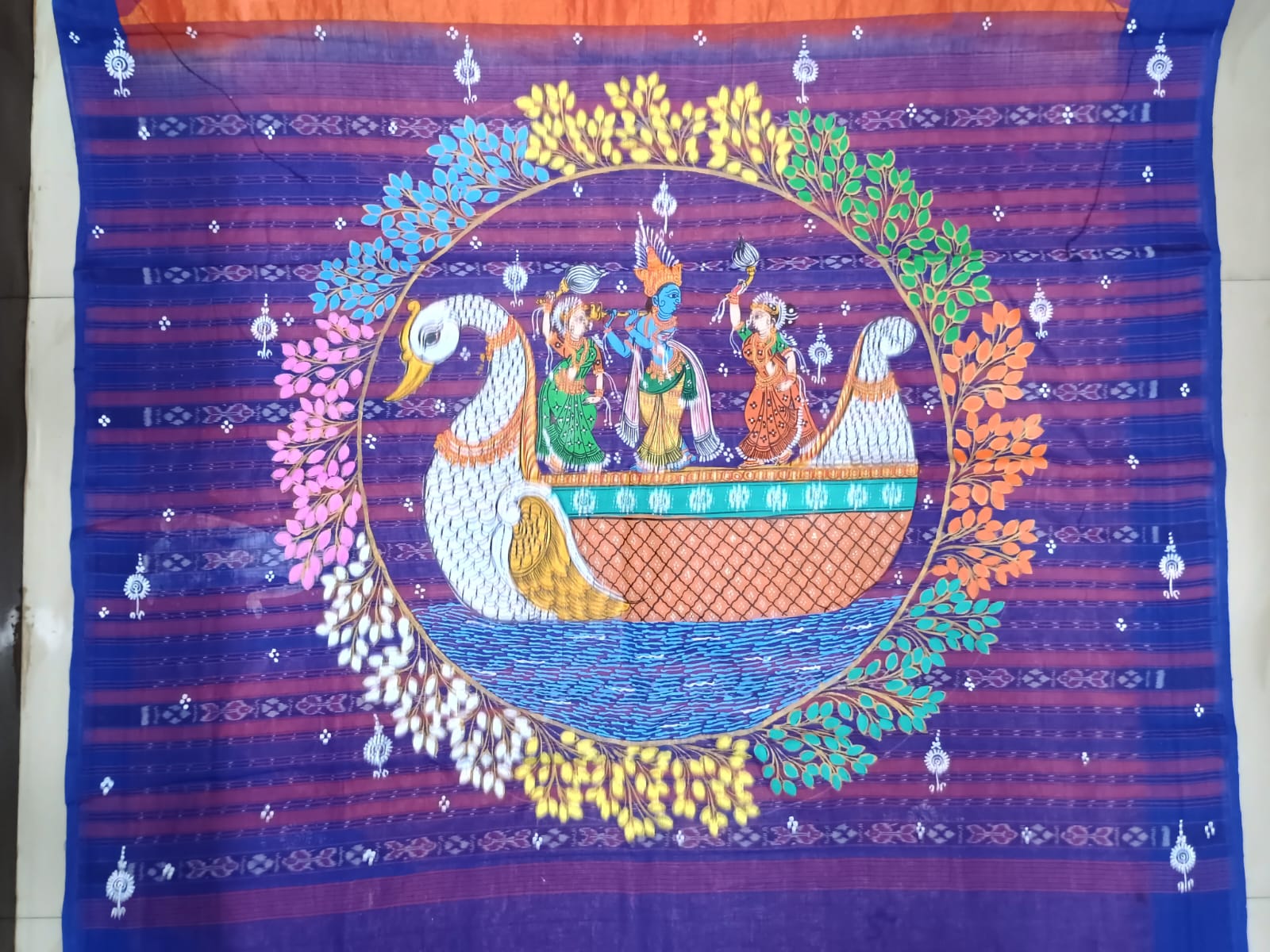 Orange Blue Nabakeli Boita Theme Pattachitra Tissue Cotton Saree