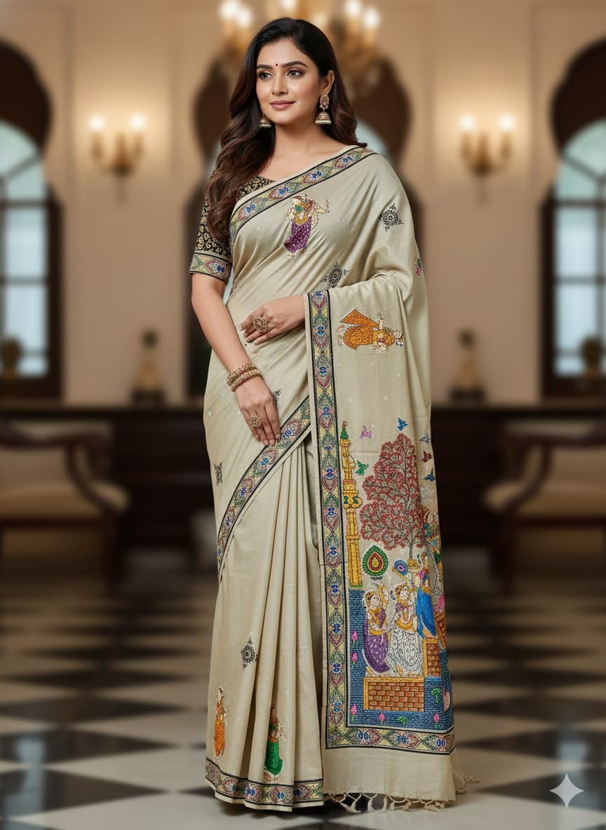Natural Tusser Radha Krishna Rasa Theme Pattachitra Tussar Silk Saree