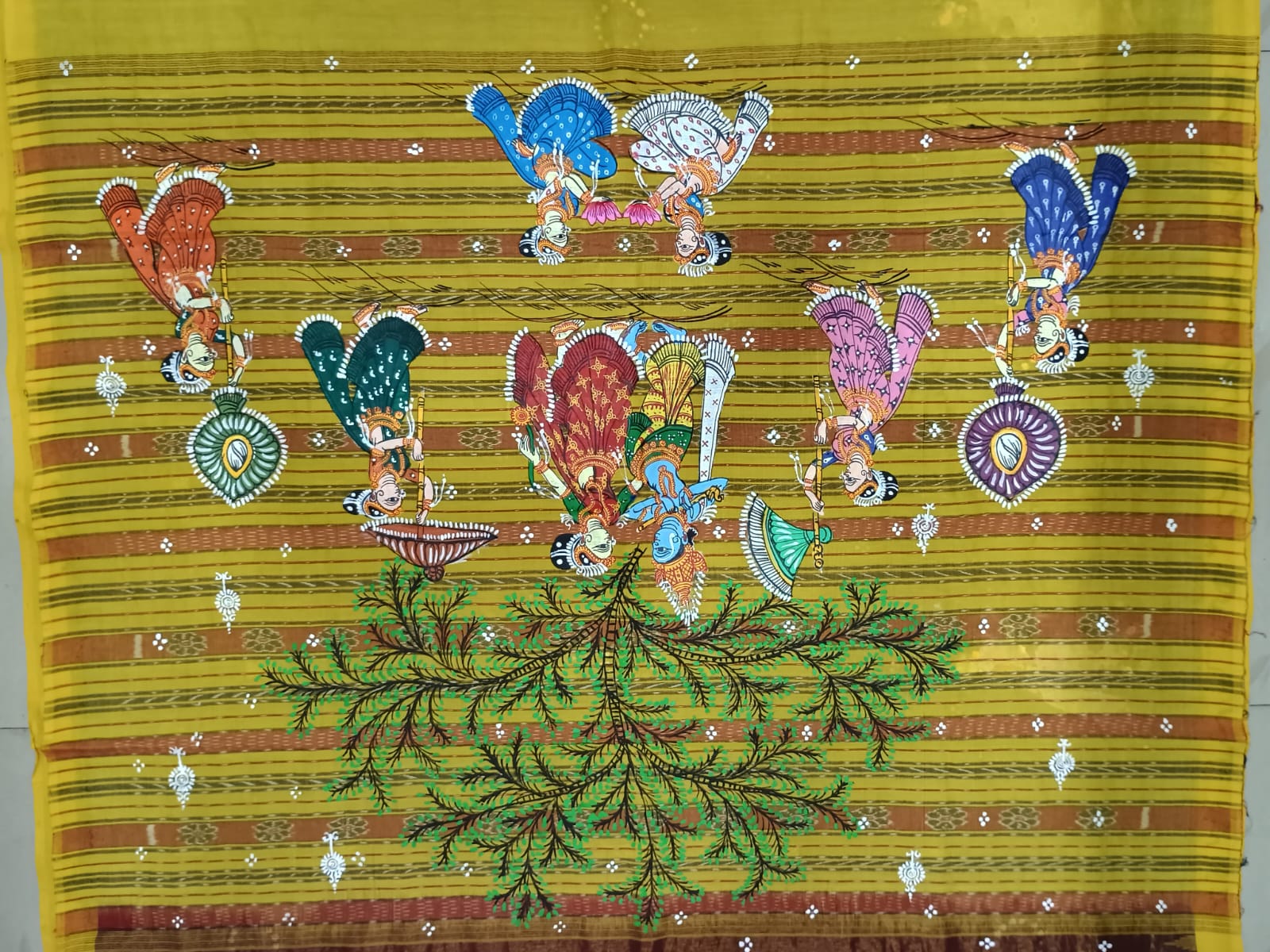 Brown Yellow Radha Krishna Rasa Theme Pattachitra Tissue Cotton Saree