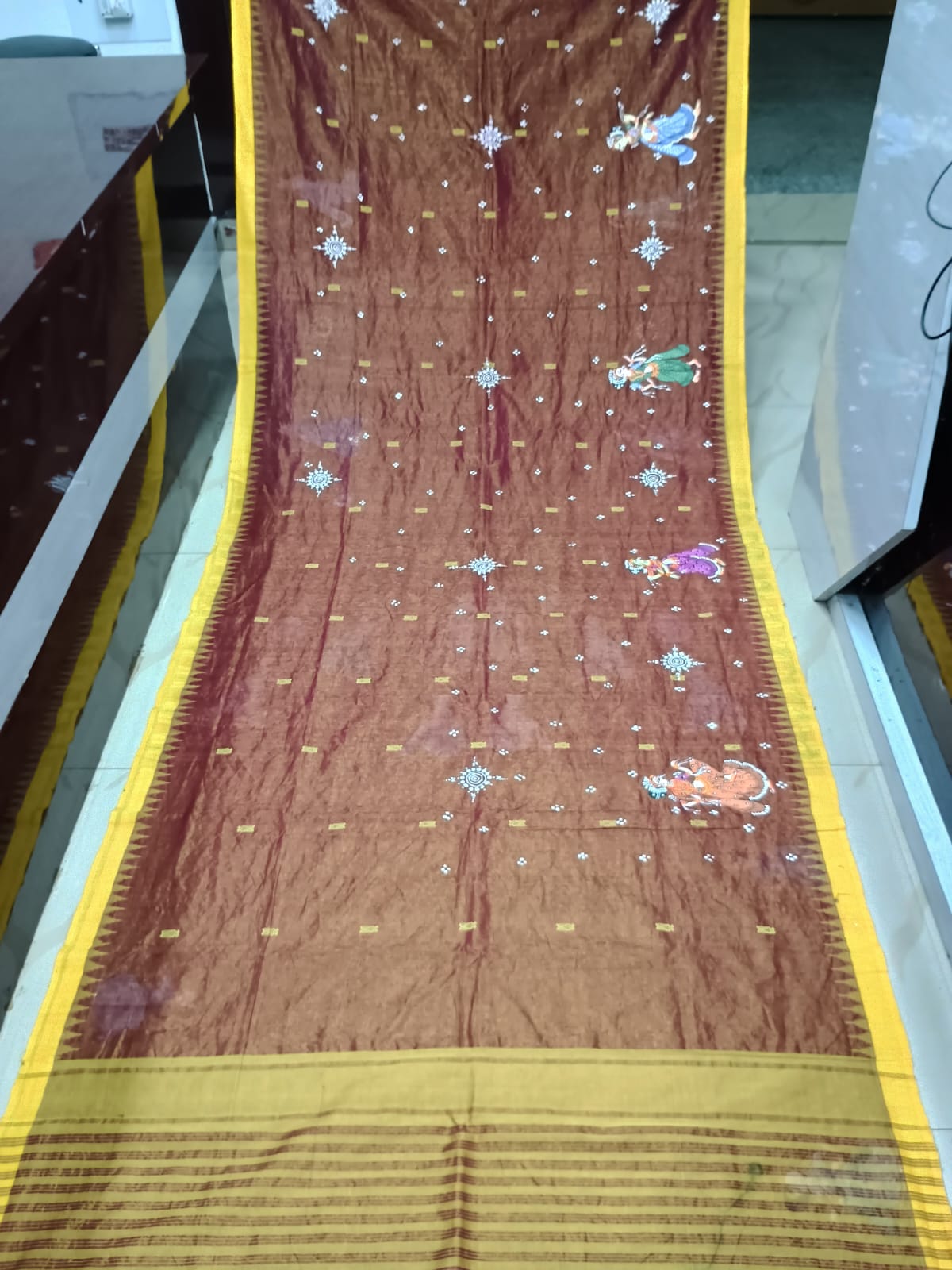 Brown Yellow Radha Krishna Rasa Theme Pattachitra Tissue Cotton Saree