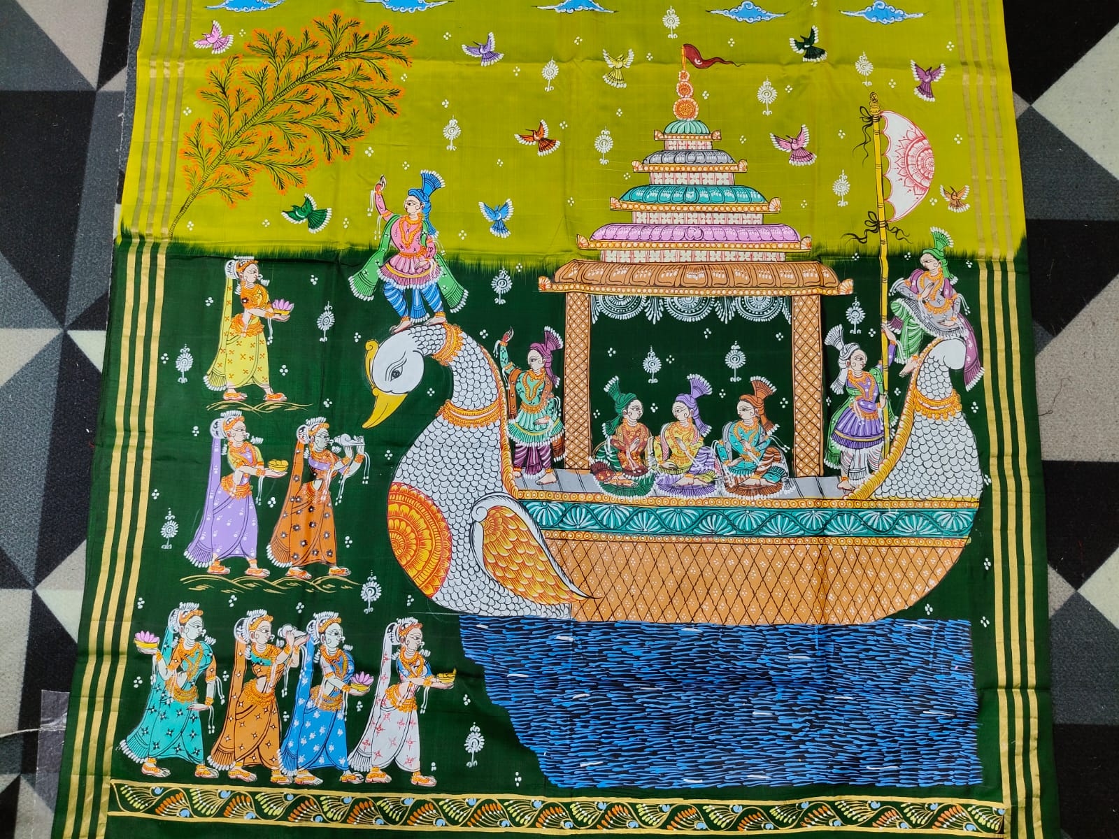 Mehendi Green Buttle Green Boita Bandan Theme Pattachitra Kanjeeveram Silk Saree