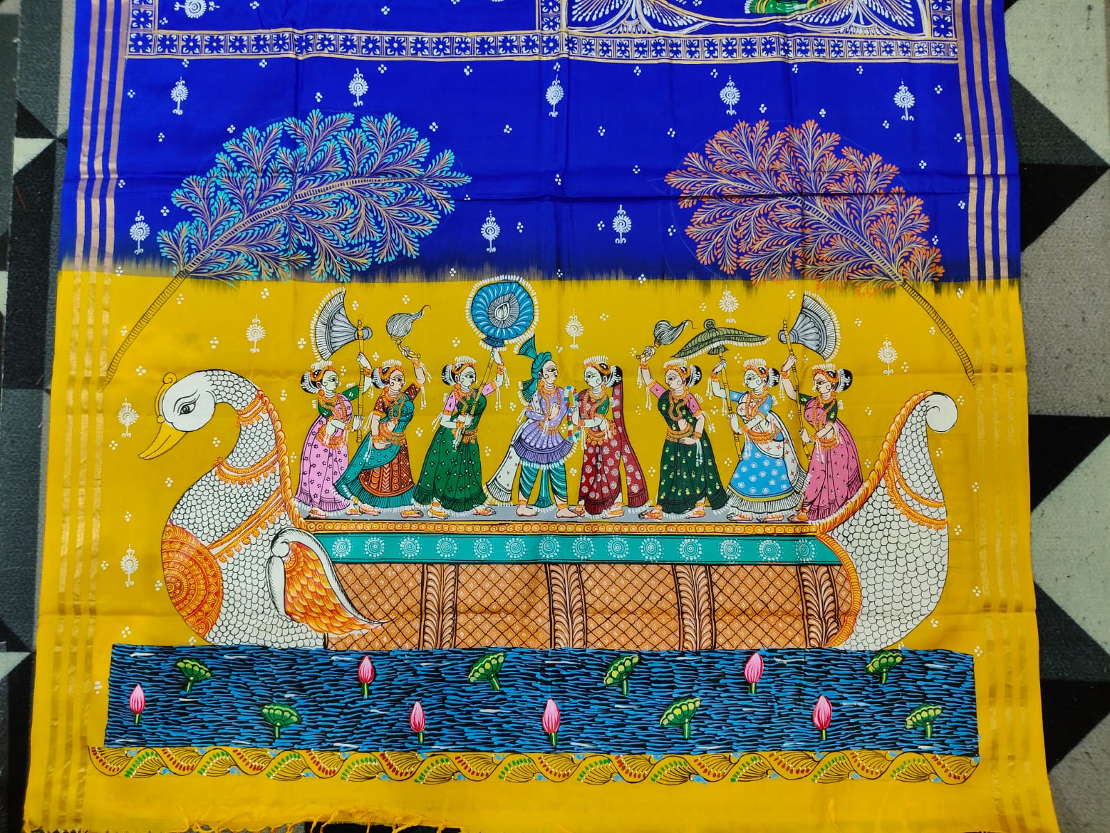 Blue Yellow Big Box Boita Theme Pattachitra Kanjeeveram Silk Saree