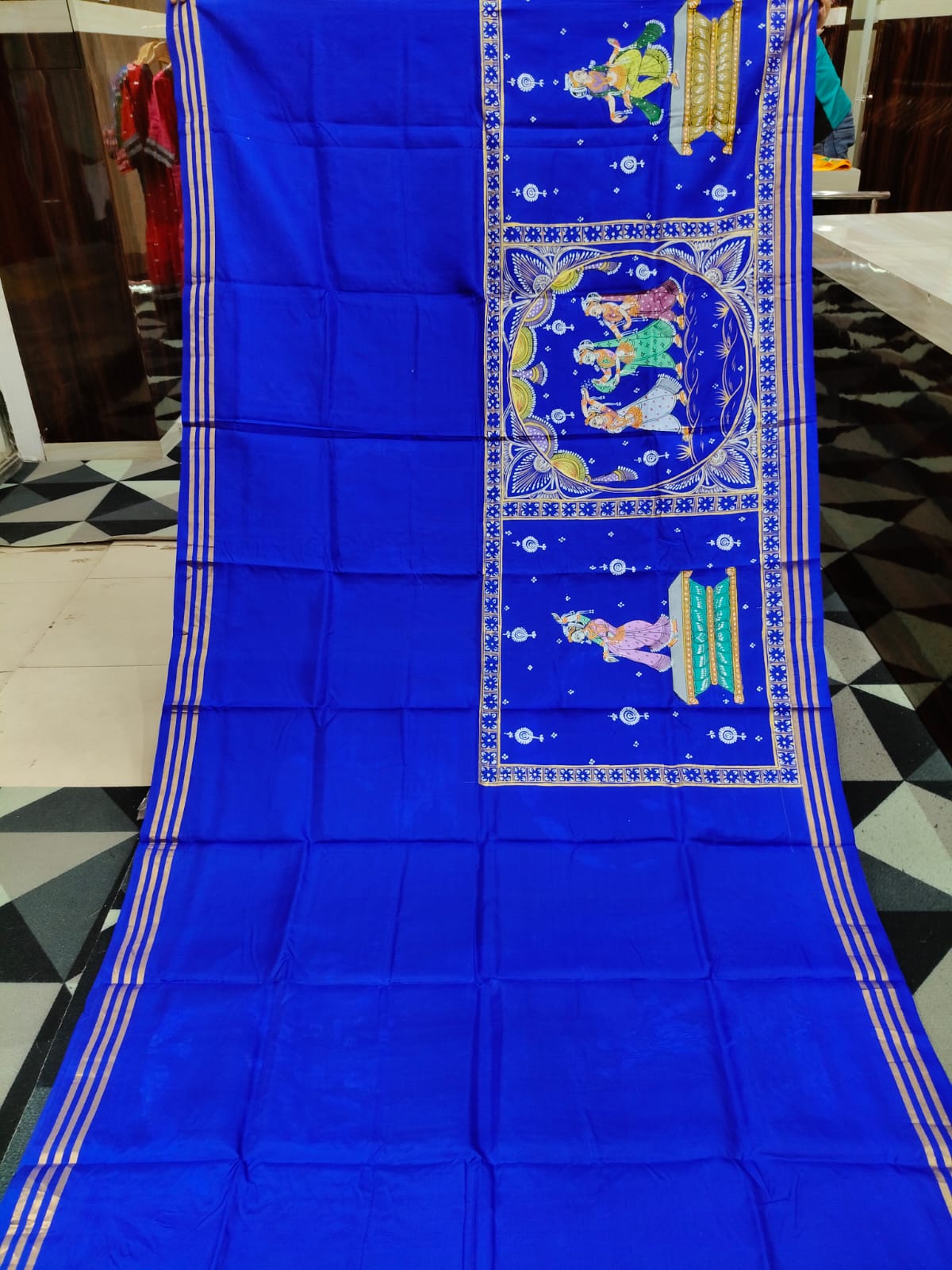 Blue Yellow Big Box Boita Theme Pattachitra Kanjeeveram Silk Saree