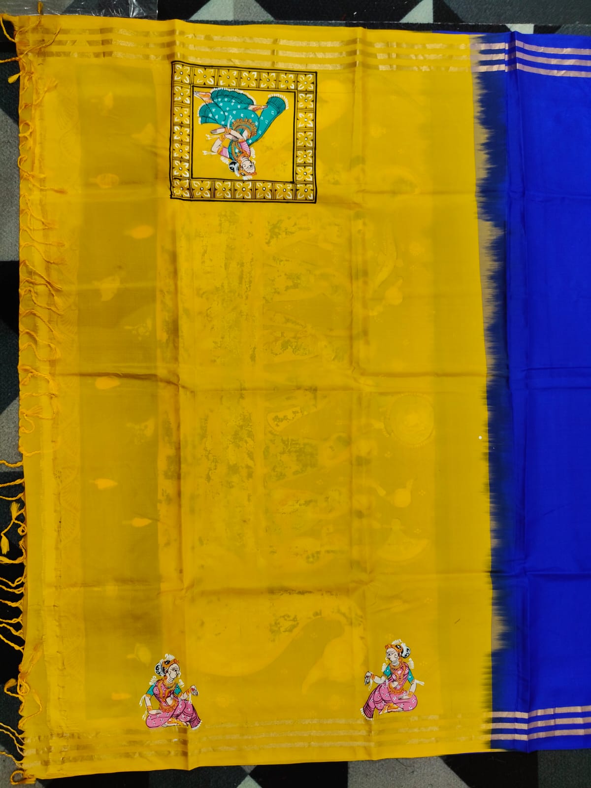 Blue Yellow Big Box Boita Theme Pattachitra Kanjeeveram Silk Saree