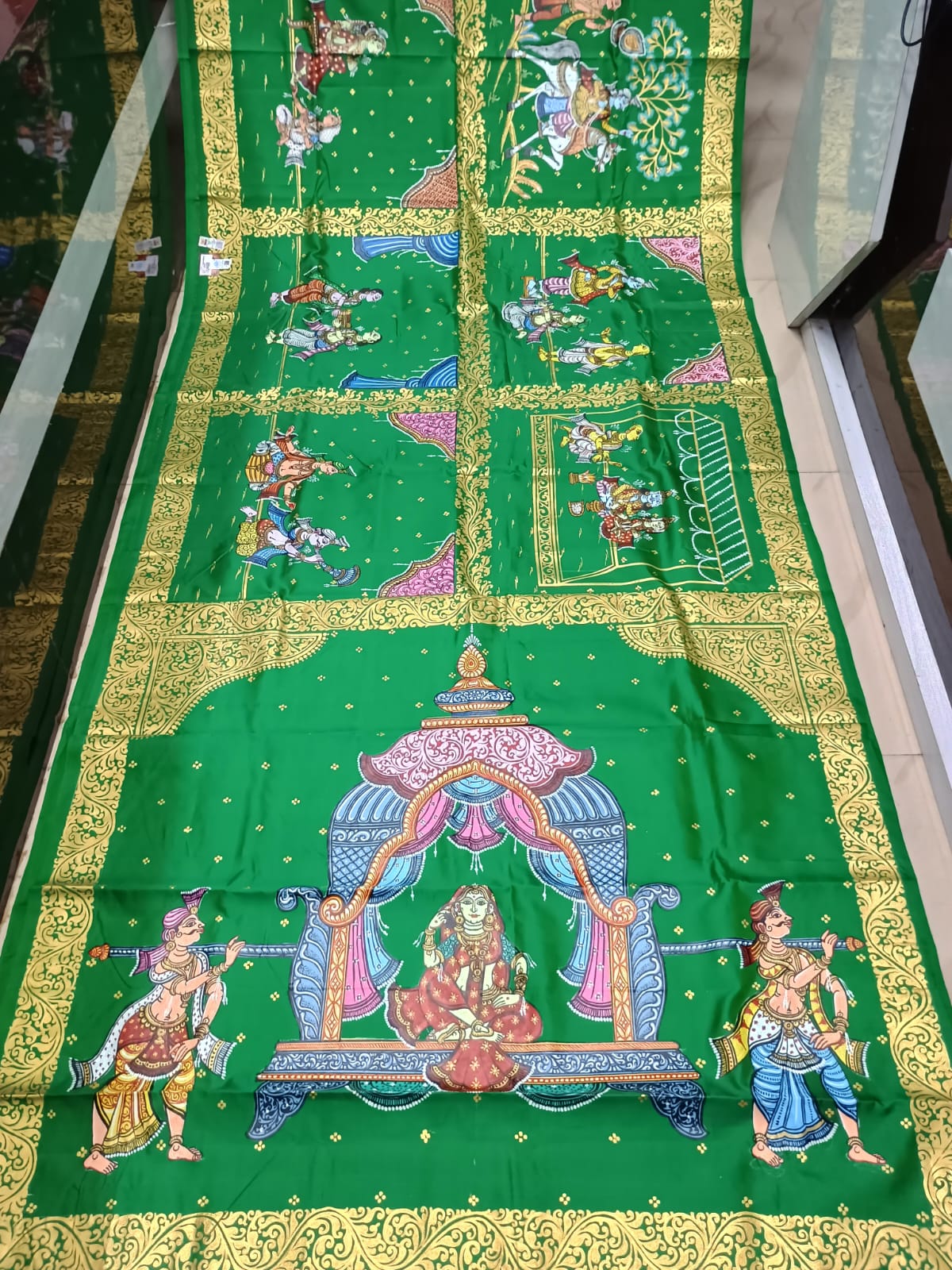 Green Marriage Theme Pattachitra Kanjeeveram Silk Saree