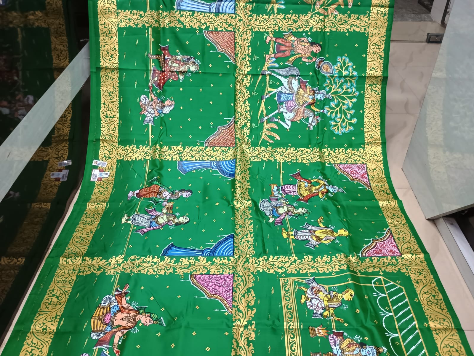 Green Marriage Theme Pattachitra Kanjeeveram Silk Saree