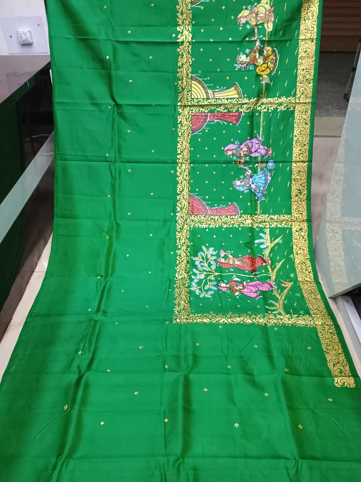 Green Marriage Theme Pattachitra Kanjeeveram Silk Saree