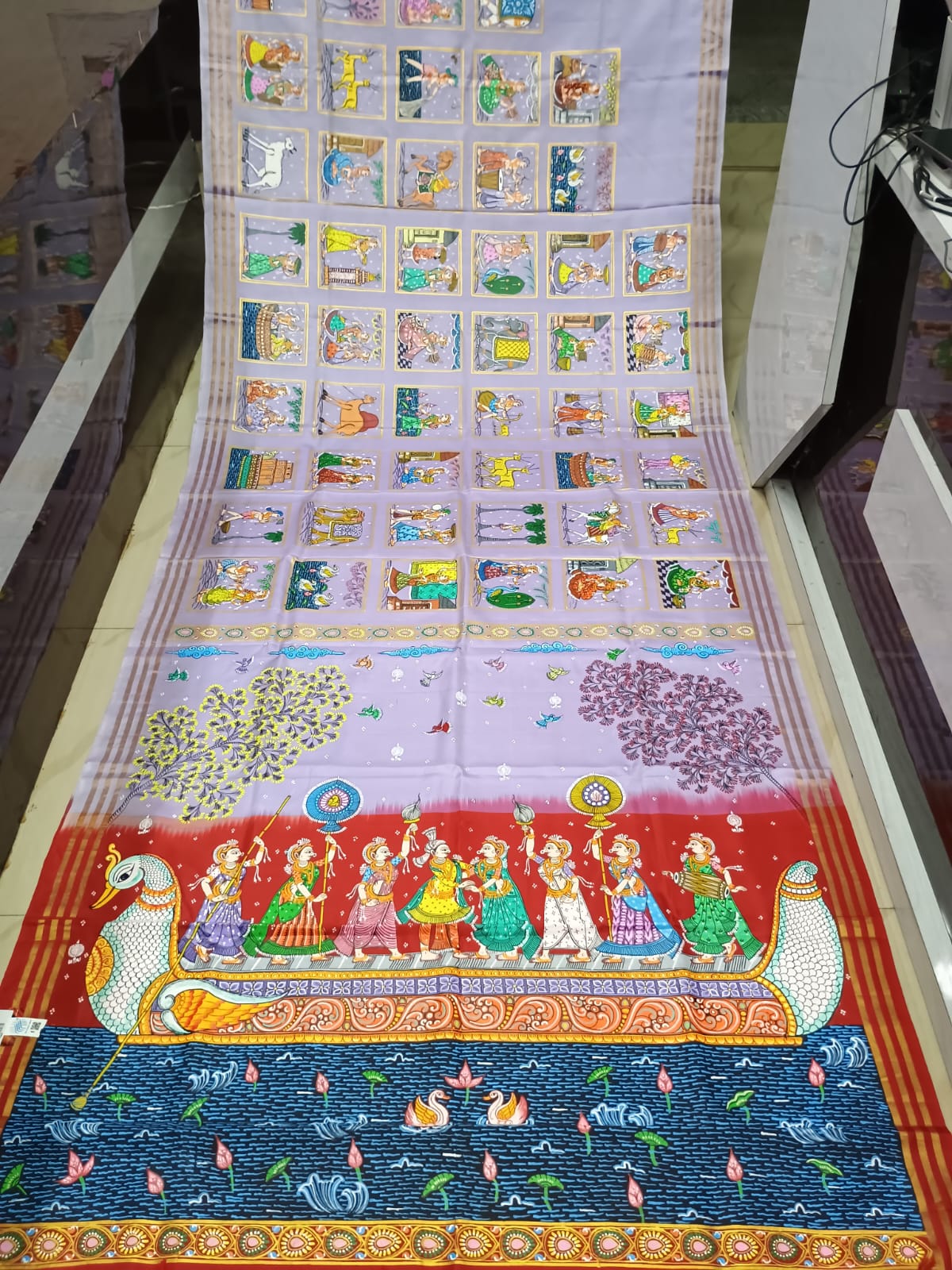 Lavender Red Small Box Boita Theme Pattachitra Kanjeeveram Silk Saree