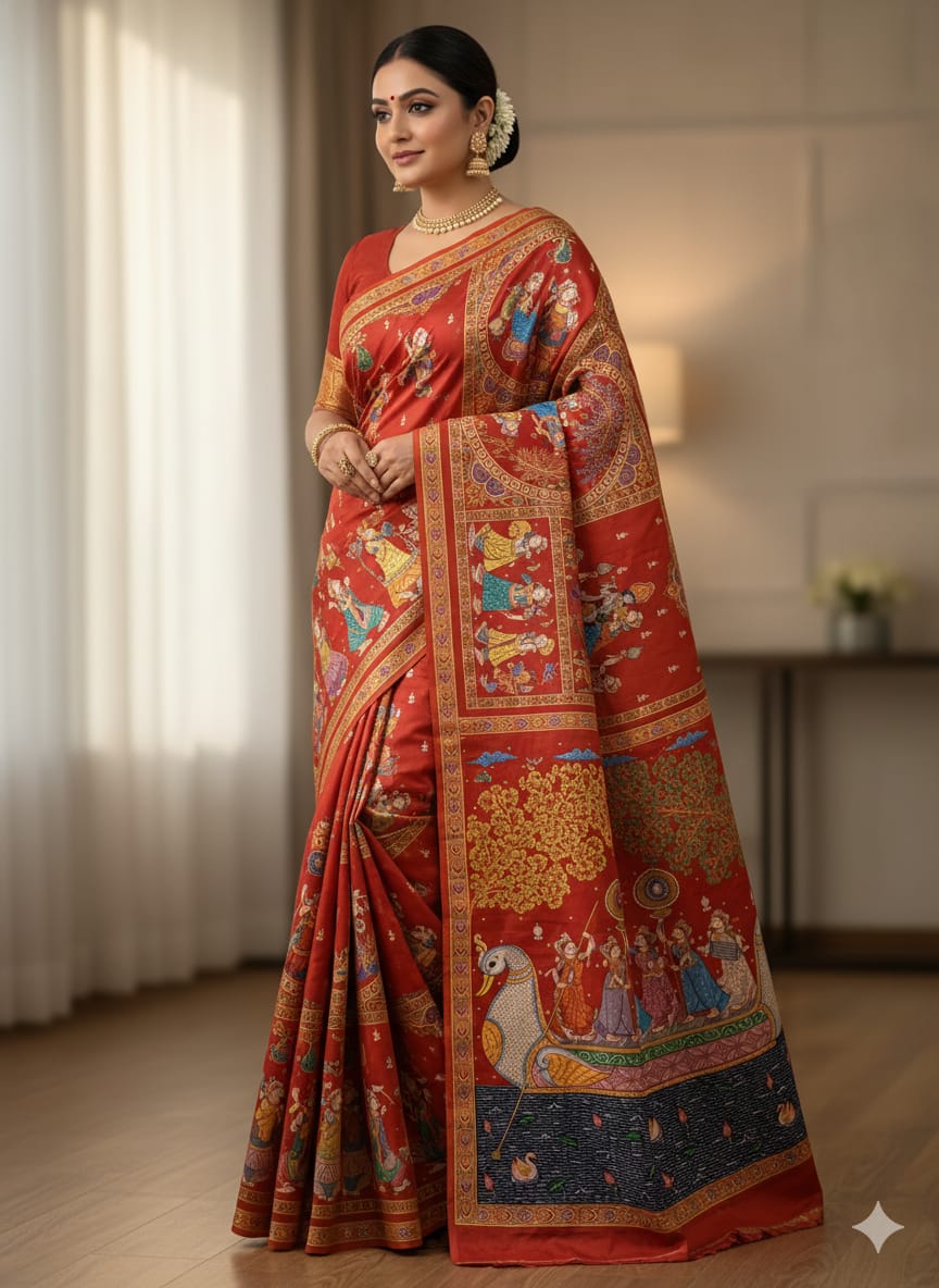 Red Big Box Boita Theme Pattachitra Khadi Silk Saree