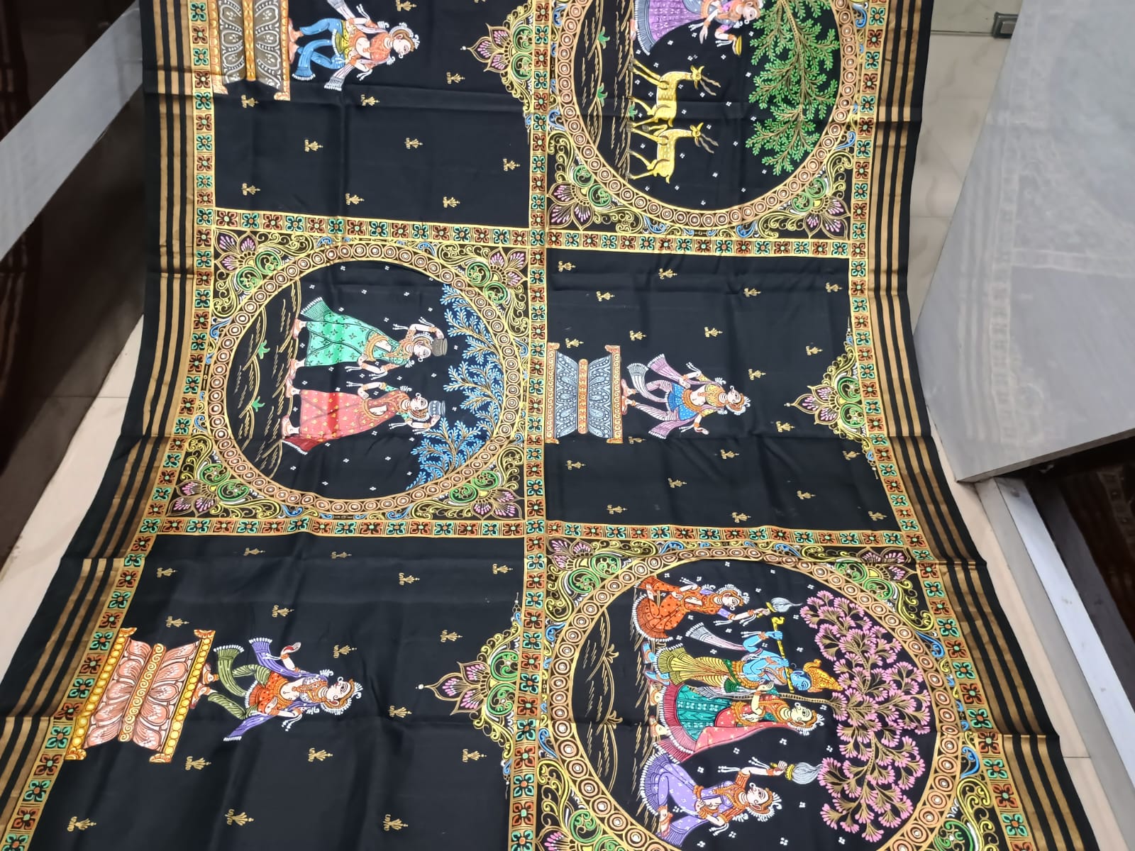 Black Yellow Big Box Boita Theme Pattachitra Kanjeeveram Silk Saree