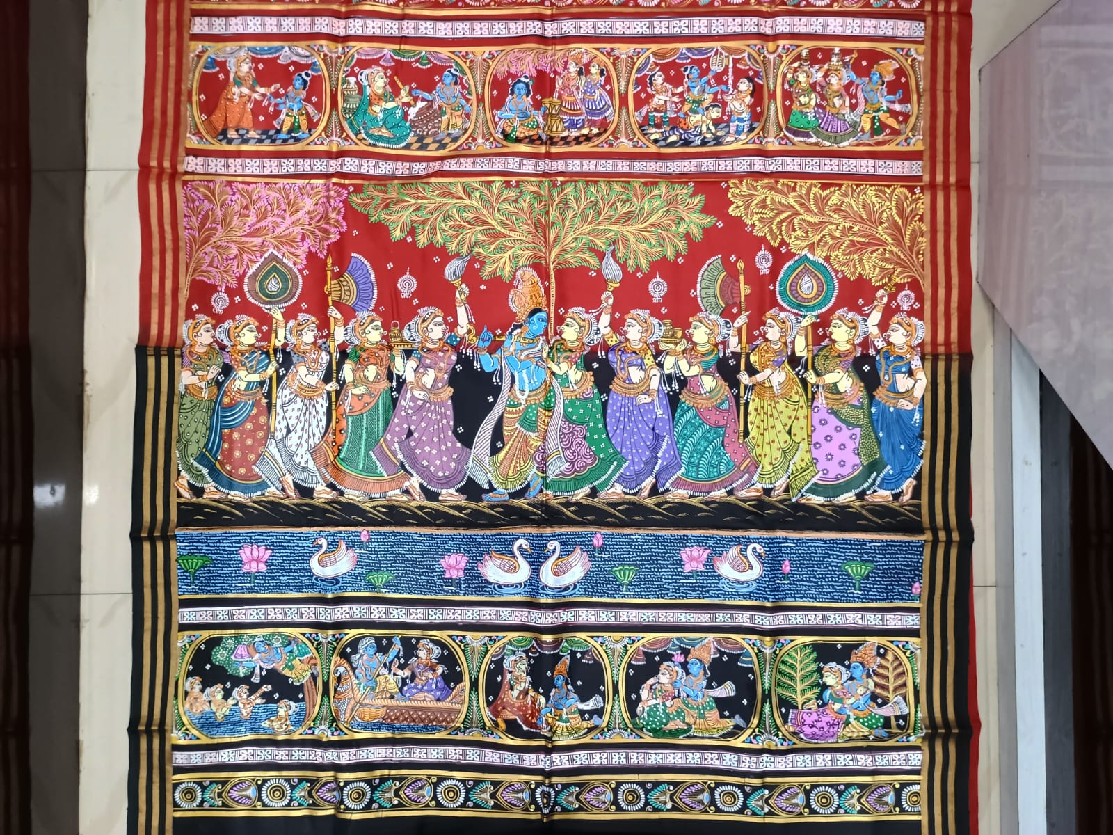 Red Black Radha Krishna Rasa Theme Pattachitra Kanjeeveram Silk Saree