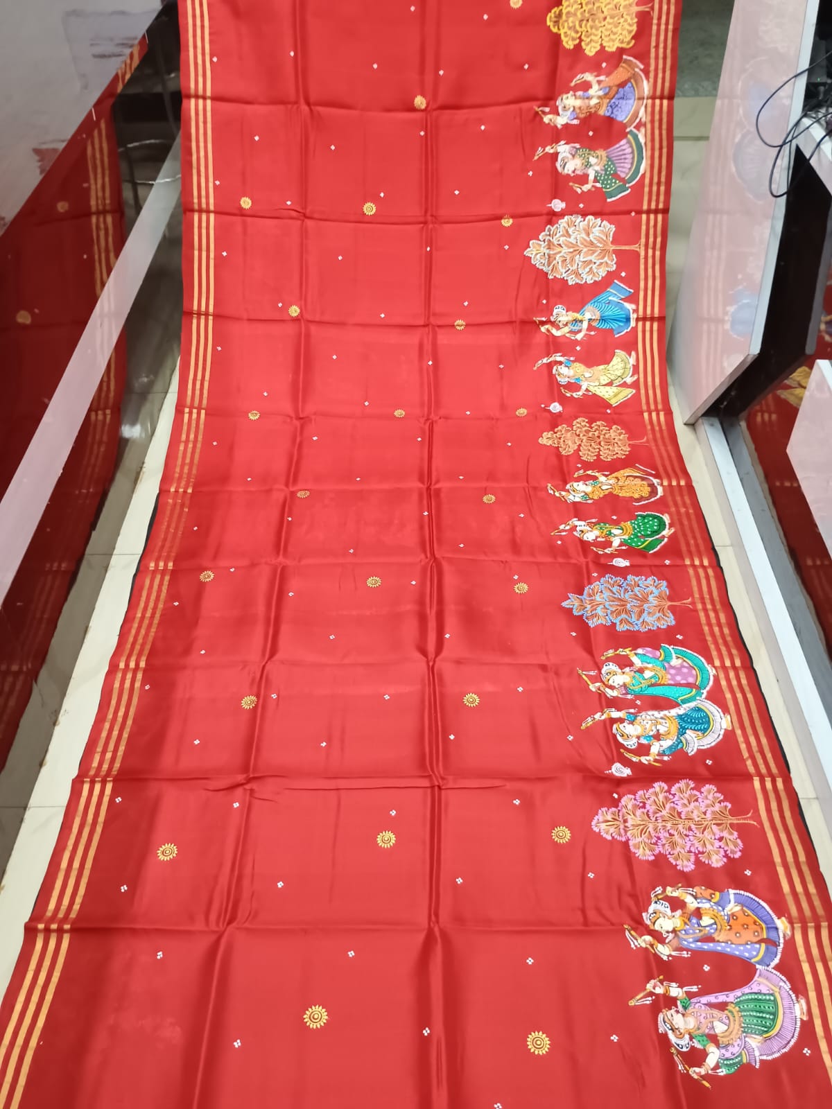 Red Black Radha Krishna Rasa Theme Pattachitra Kanjeeveram Silk Saree