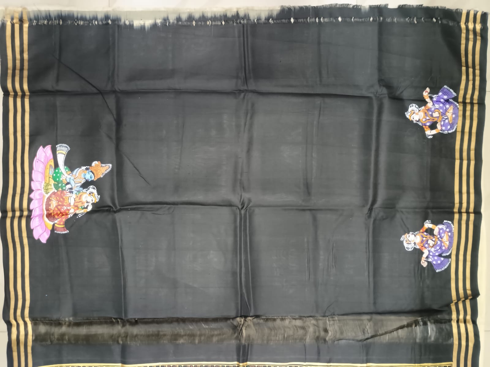 Creame Black All Festival Theme Pattachitra Kanjeeveram Silk Saree