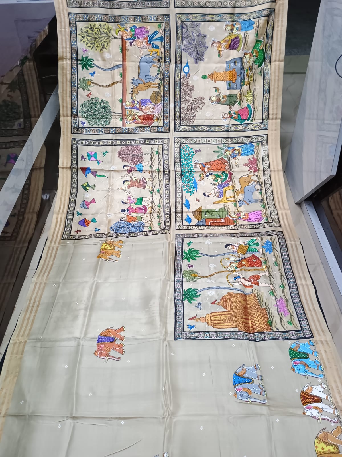 Creame Black All Festival Theme Pattachitra Kanjeeveram Silk Saree