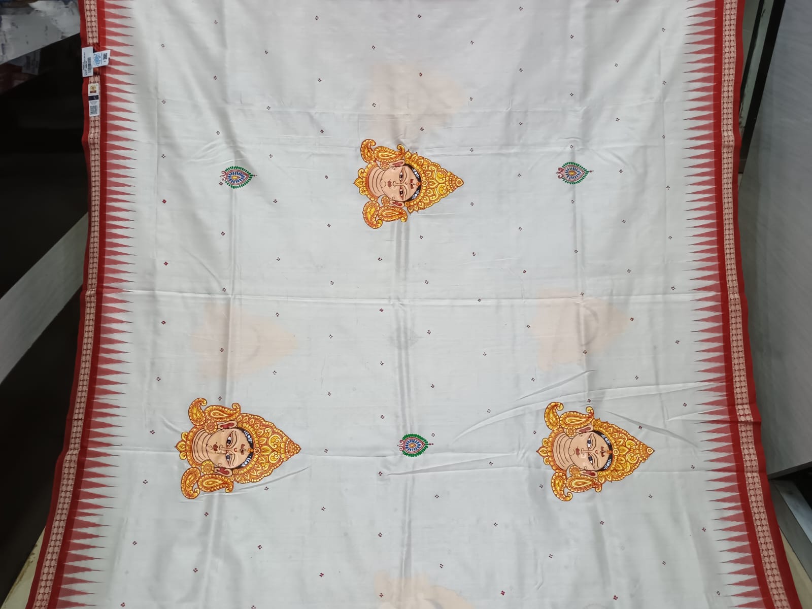 White Red Maa Durga Theme Pattachitra Sambalpuri Silk Saree