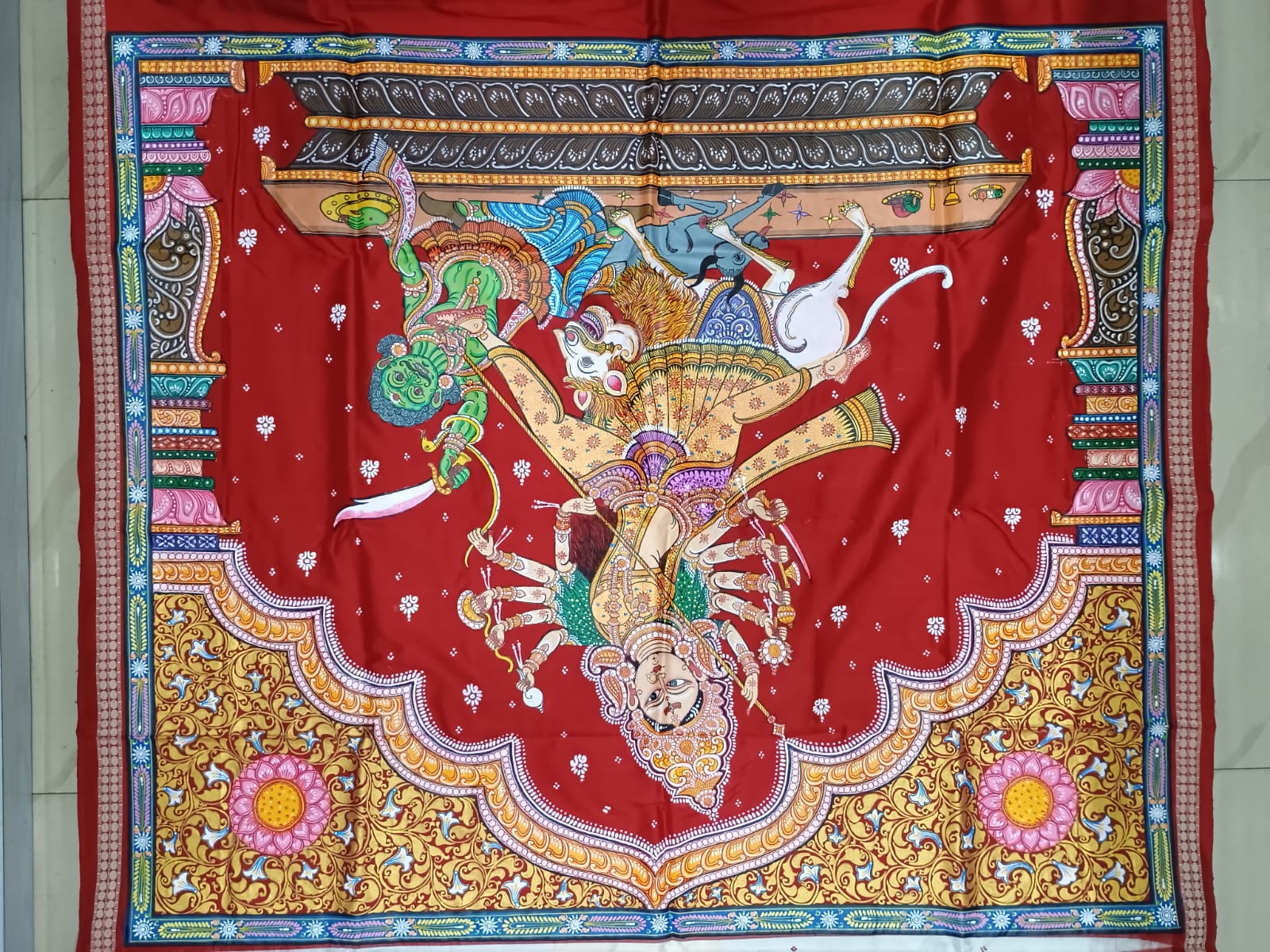 White Red Maa Durga Theme Pattachitra Sambalpuri Silk Saree