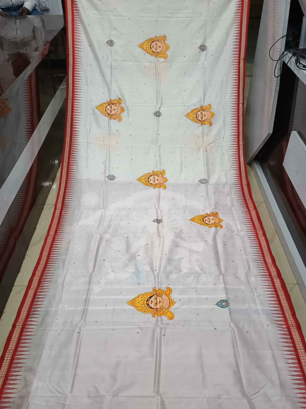 White Red Maa Durga Theme Pattachitra Sambalpuri Silk Saree