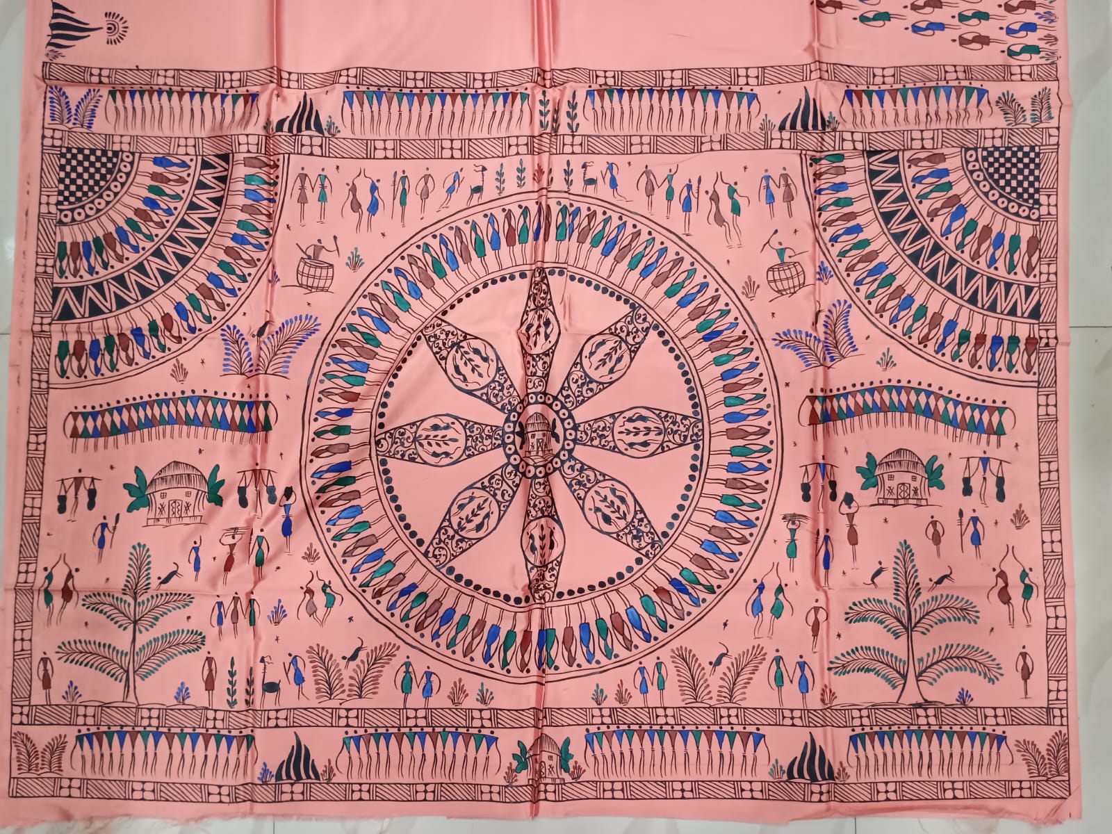 Peach Tribal Konark Wheel Theme Pattachitra Khadi Silk Saree