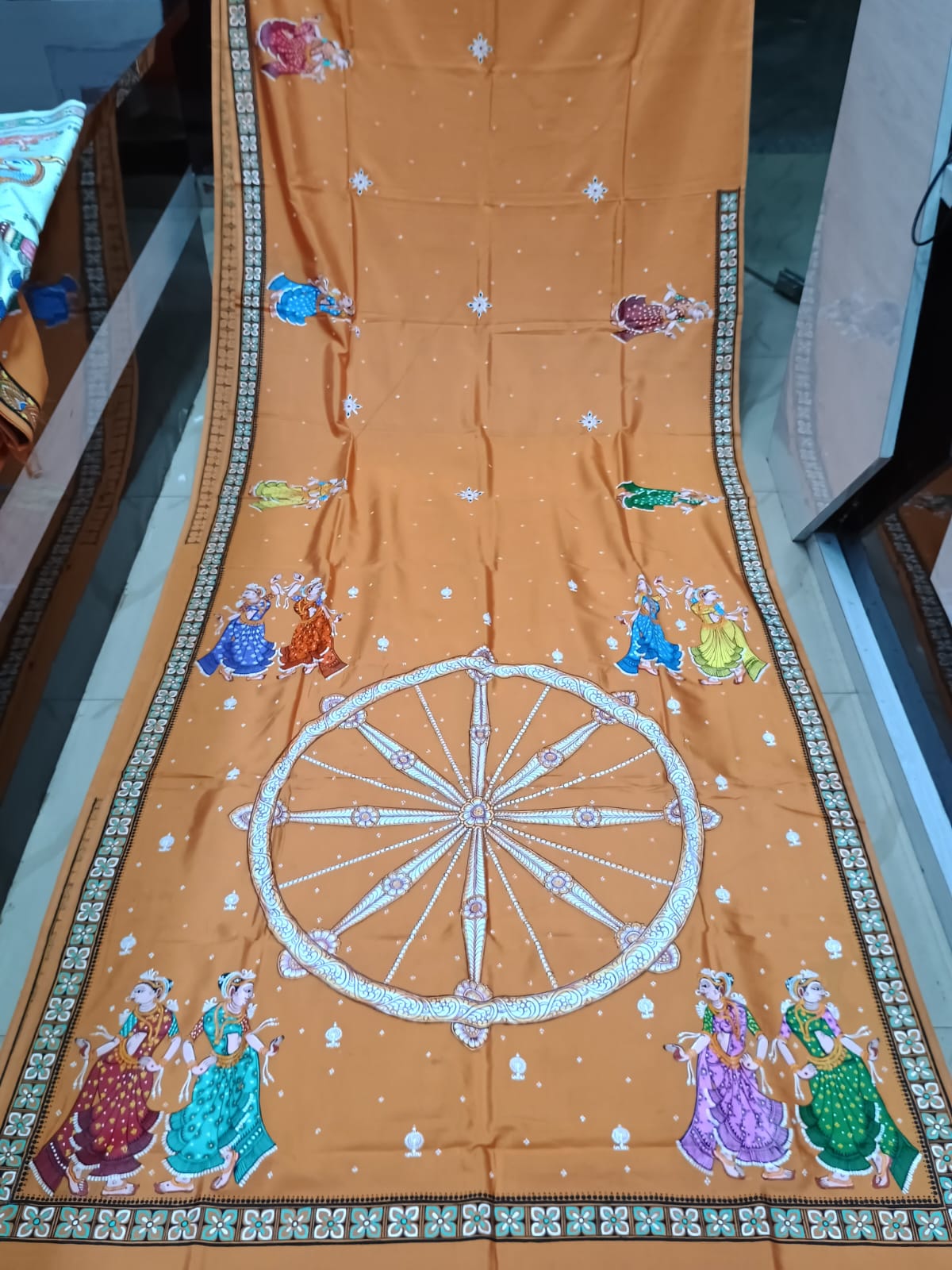 Orange Konark Wheel Theme Pattachitra Khadi Silk Saree