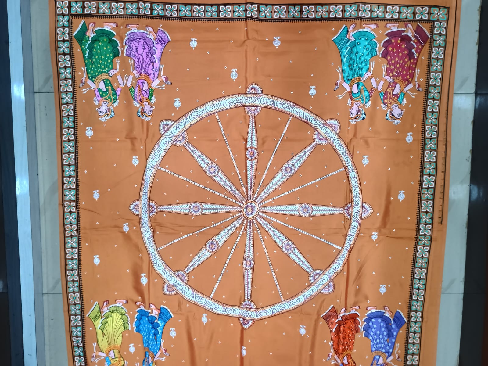 Orange Konark Wheel Theme Pattachitra Khadi Silk Saree