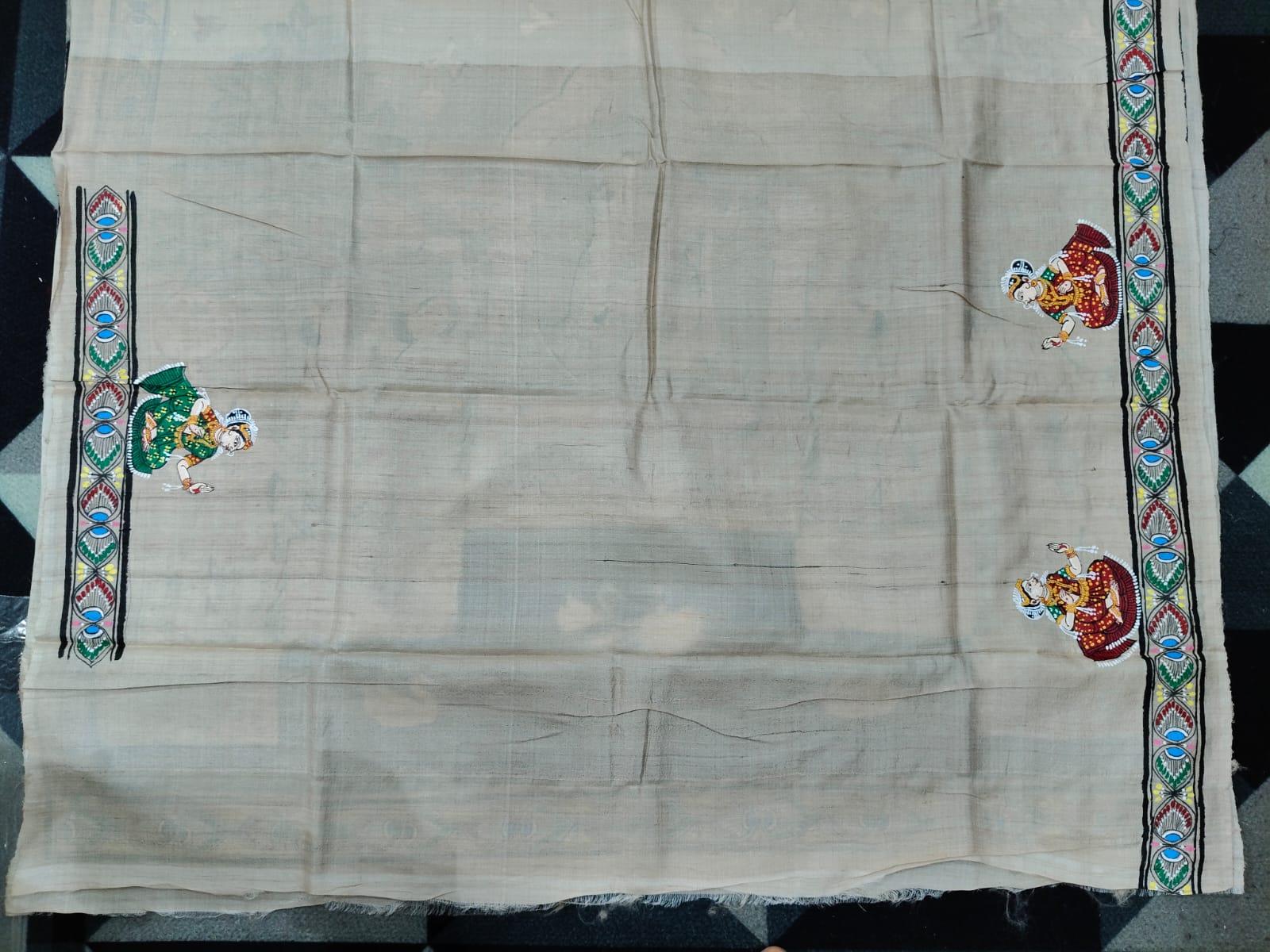 Natural Tusser Radha Krishna Rasa Theme Pattachitra Tussar Silk Saree