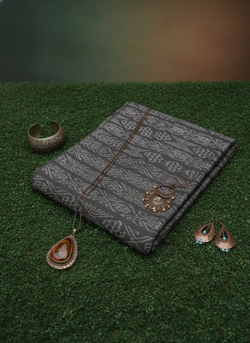 Black Flower Ikat Design Nuapatna Fabrics