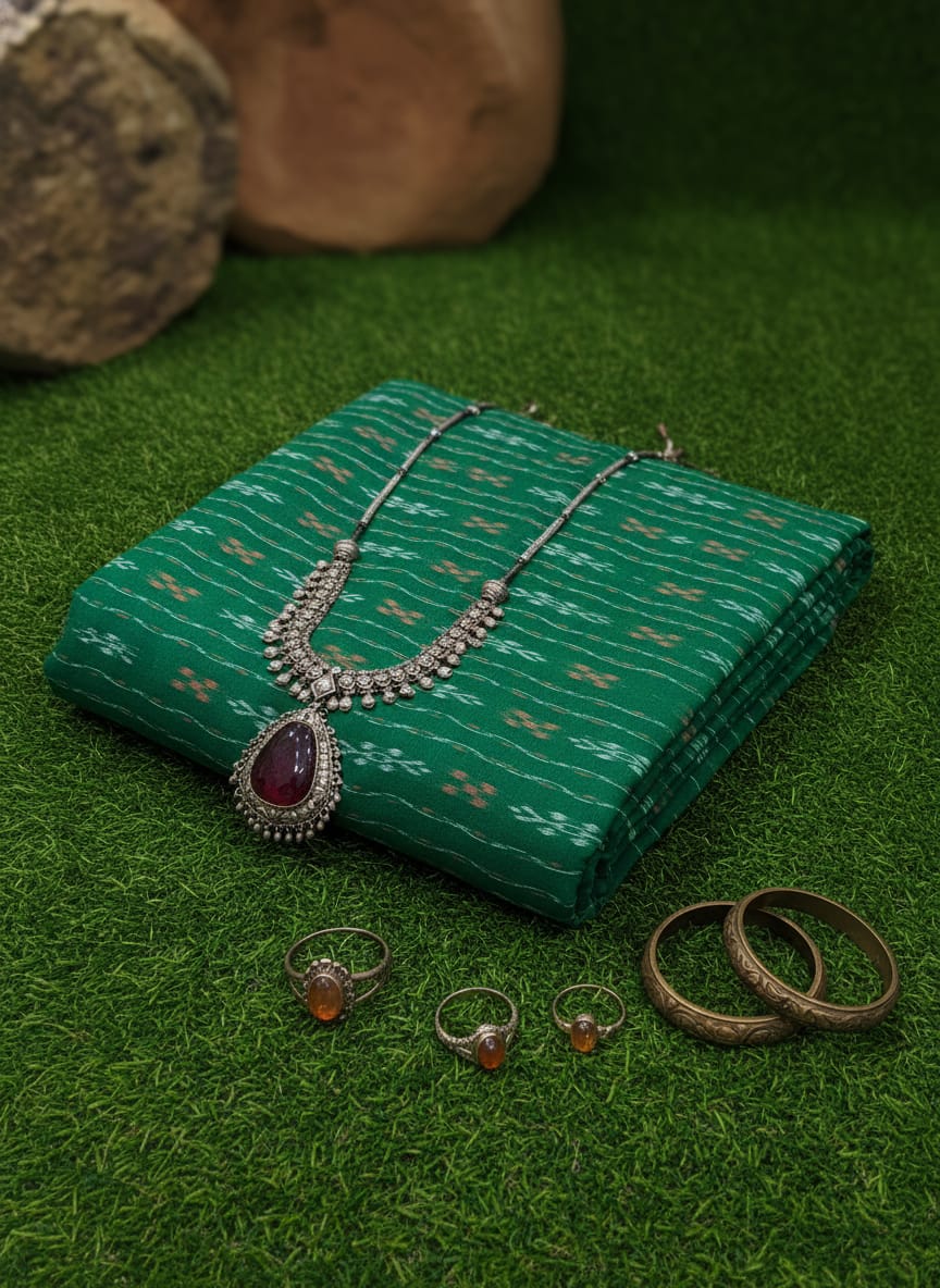 Green Flower Jhoti Ikat Design Nuapatna Fabrics