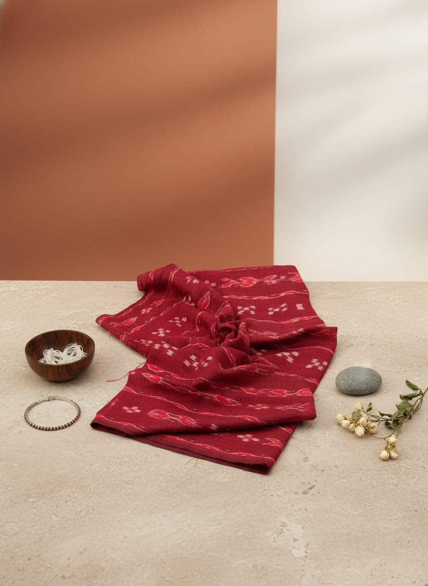 Maroon Fish And Pasapali Ikat Design Nuapatna Fabrics