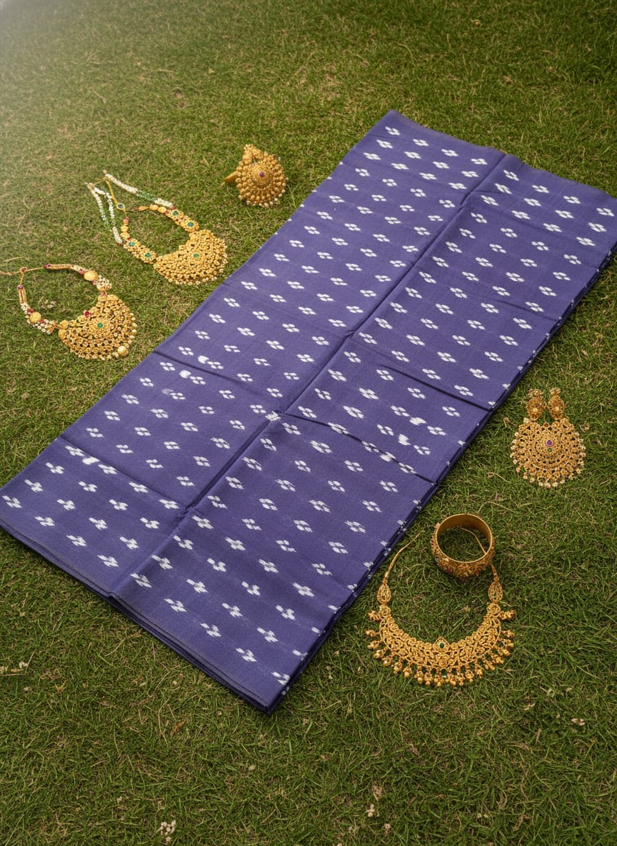 Navy Blue Pasapali Ikat Flower Design Nuapatna Fabrics