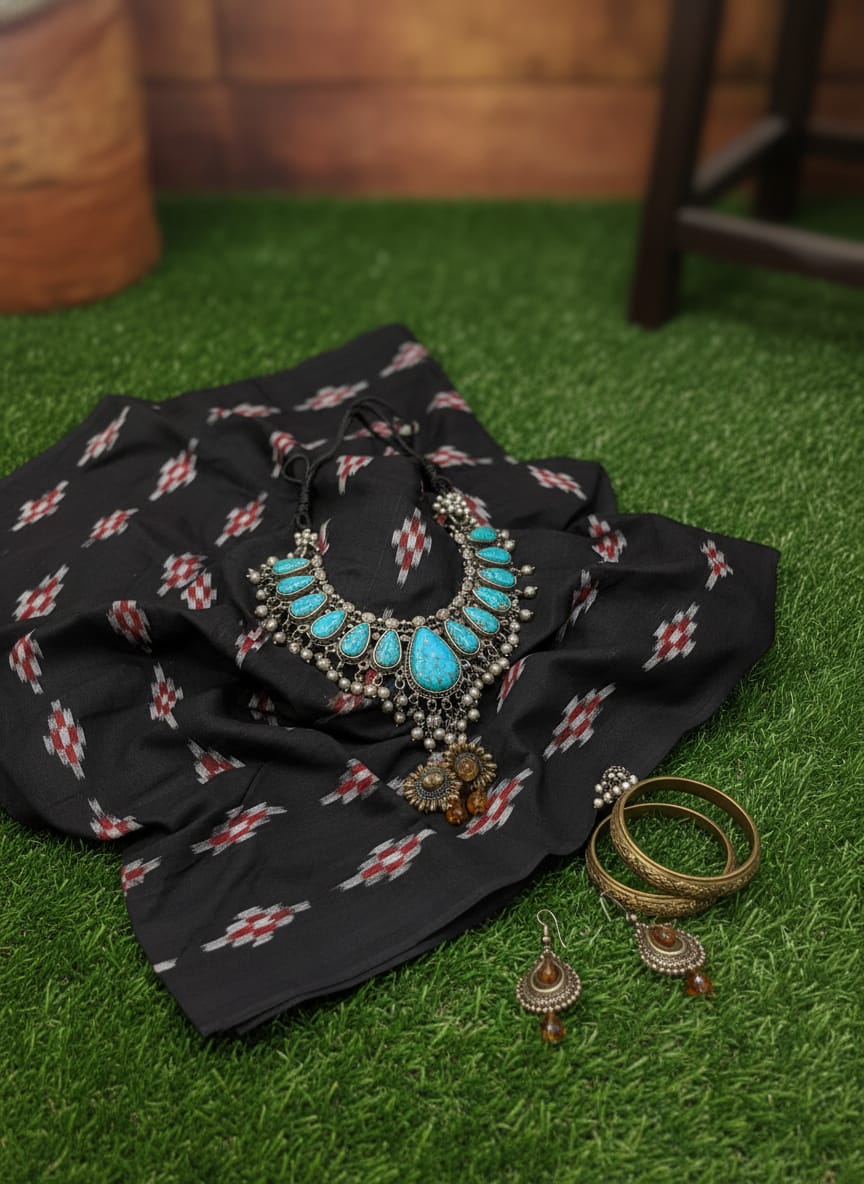 Black Pasapali Design Ikat Nuapatna Fabrics