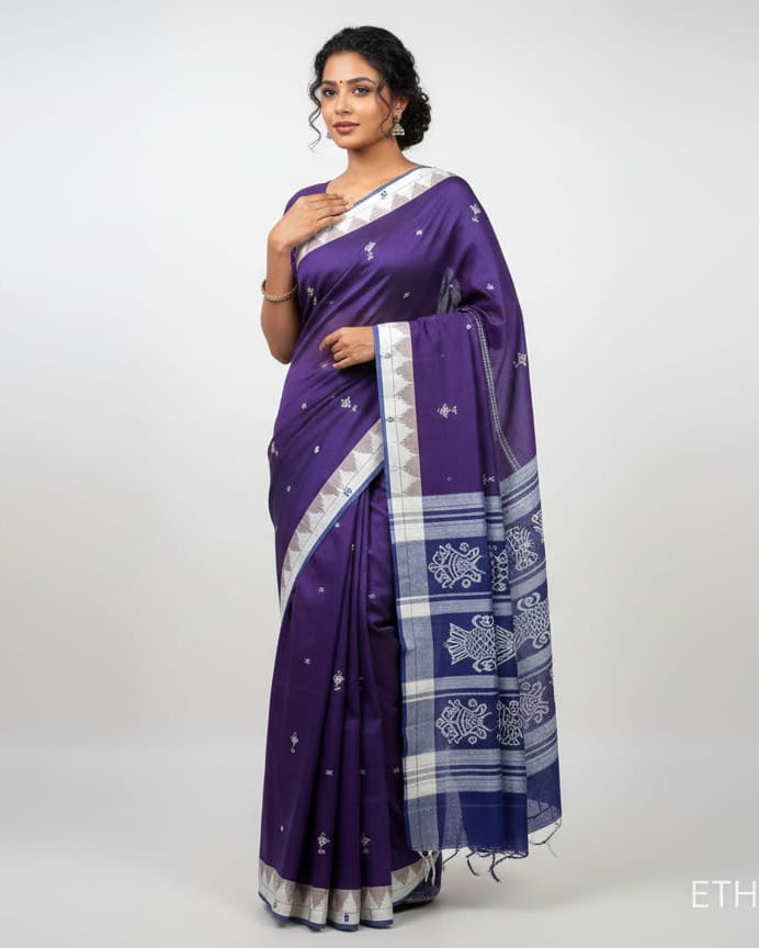 Dual Shade Purple White Plain Border Odisha Handloom Kotpad Cotton Saree