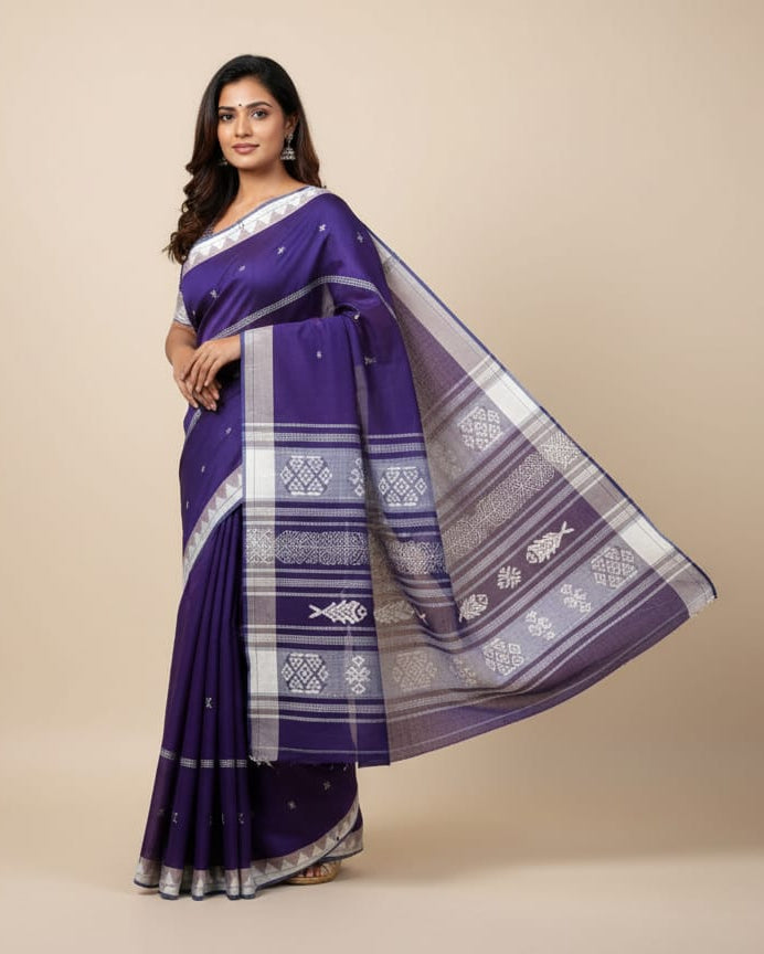 Dual Shade Purple White Plain Border Odisha Handloom Kotpad Cotton Saree