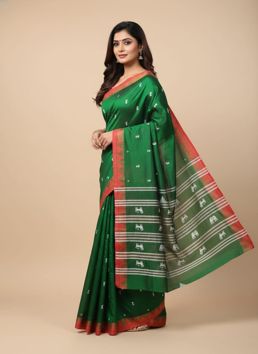 Green Red Plain Border Odisha Handloom Kotpad Tussar Saree