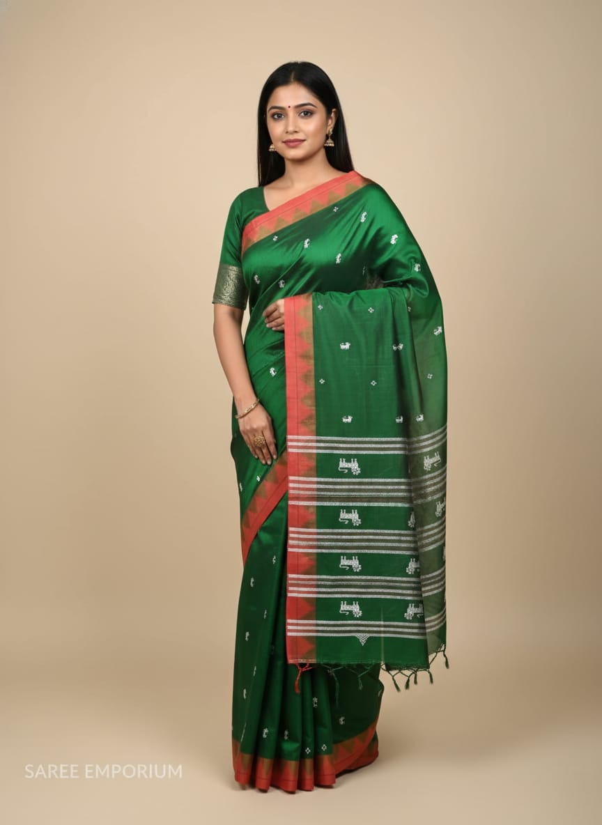 Green Red Plain Border Odisha Handloom Kotpad Tussar Saree