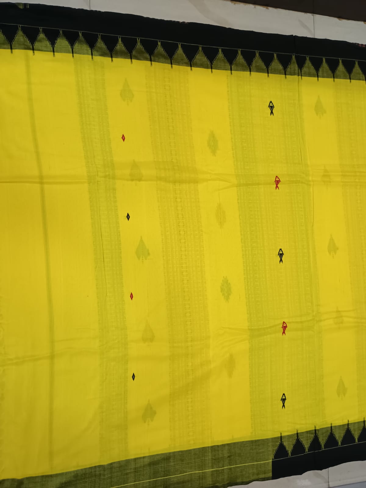 Yellow Black Plain Kumbha Border Odisha Handloom Kotpad Cotton Saree