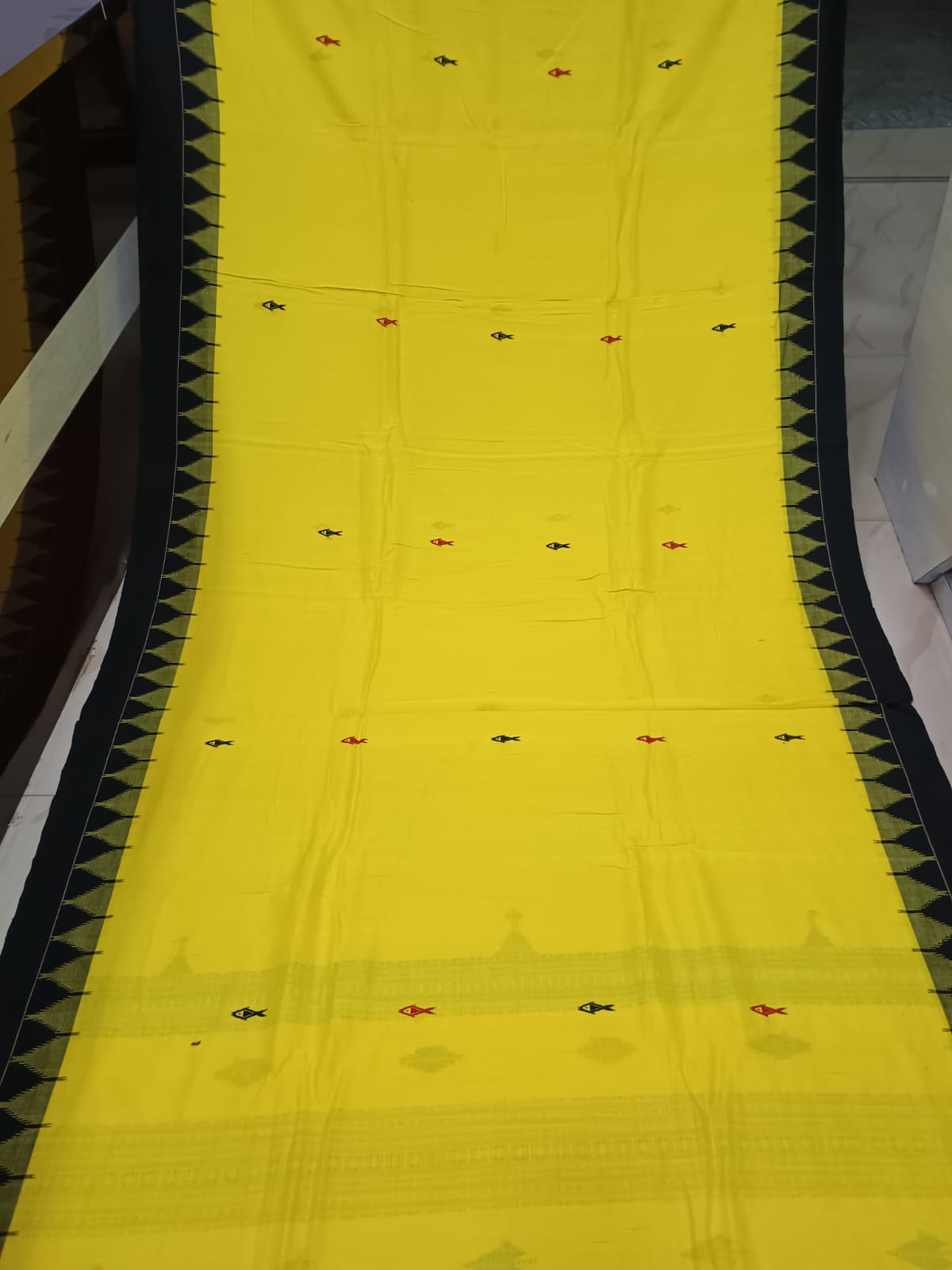 Yellow Black Plain Kumbha Border Odisha Handloom Kotpad Cotton Saree