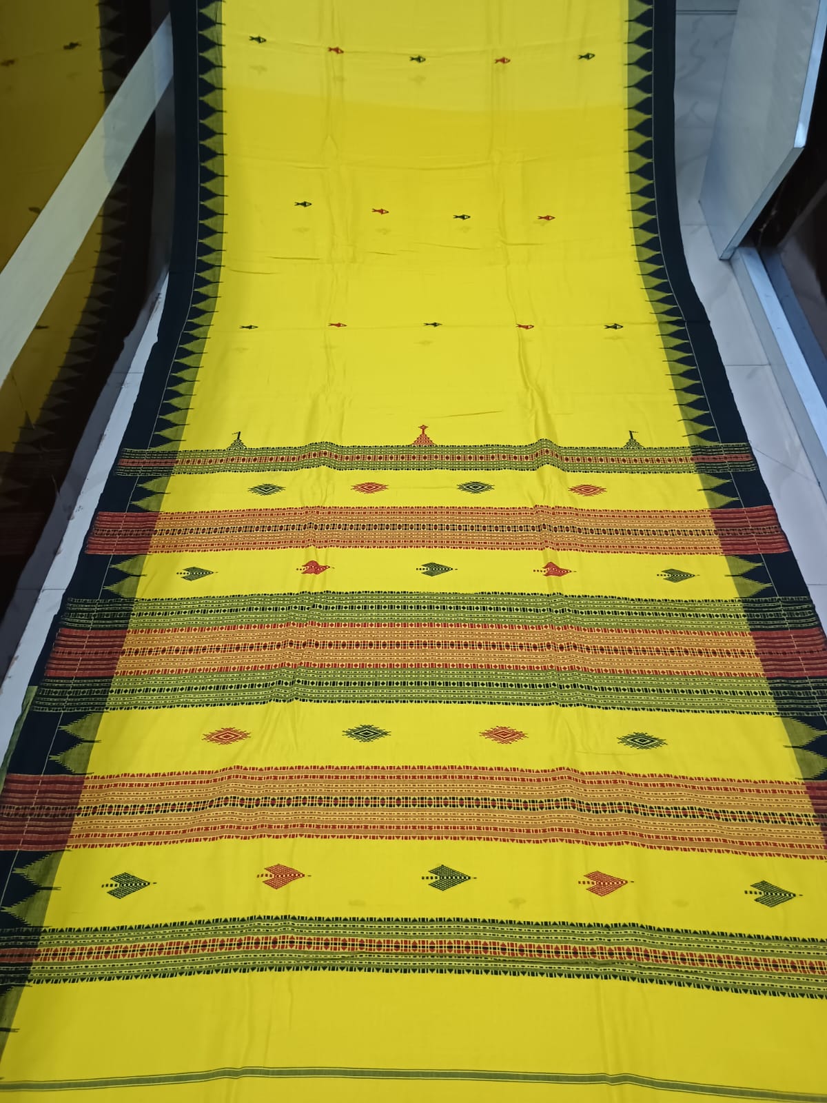 Yellow Black Plain Kumbha Border Odisha Handloom Kotpad Cotton Saree