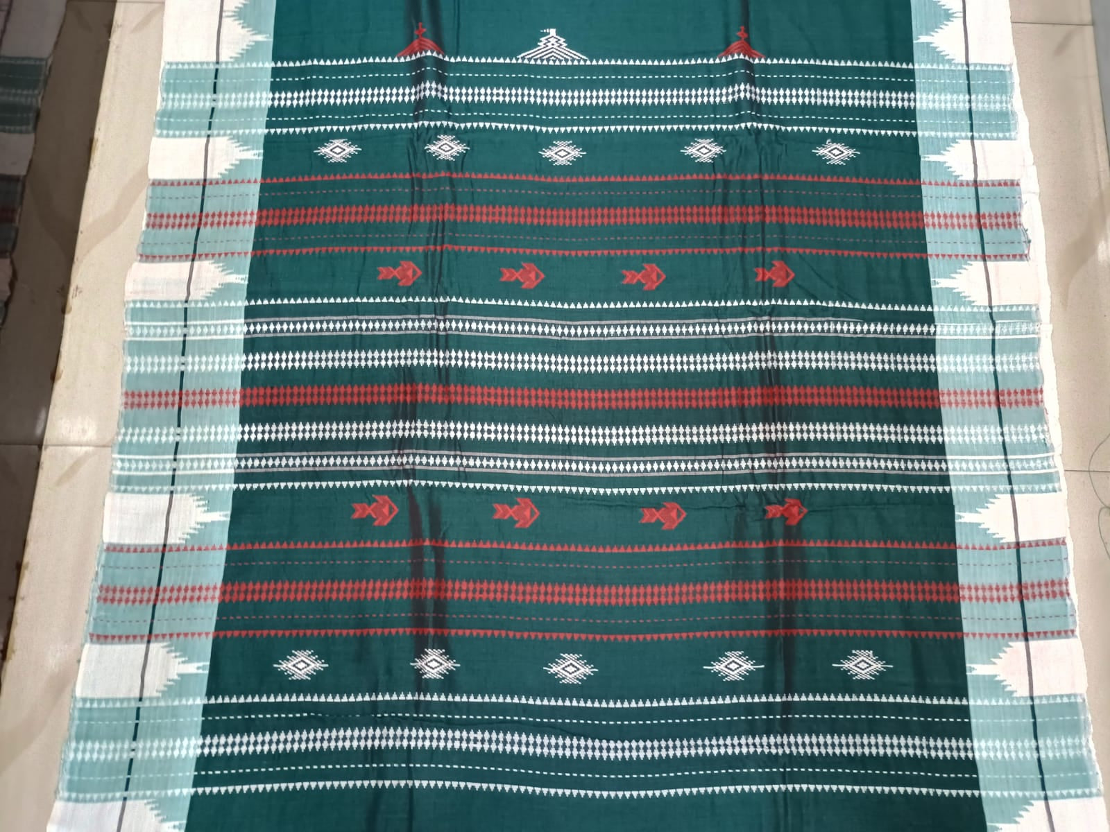 Teal Green White Plain Kumbha Border Odisha Handloom Kotpad Cotton Saree