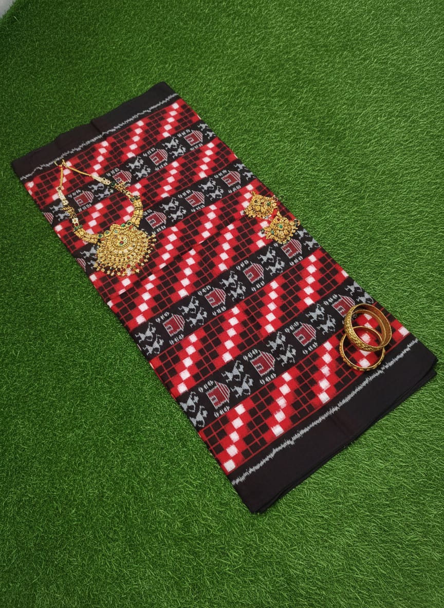 Red Black Tribal And House Design Sambalpuri Fabrics